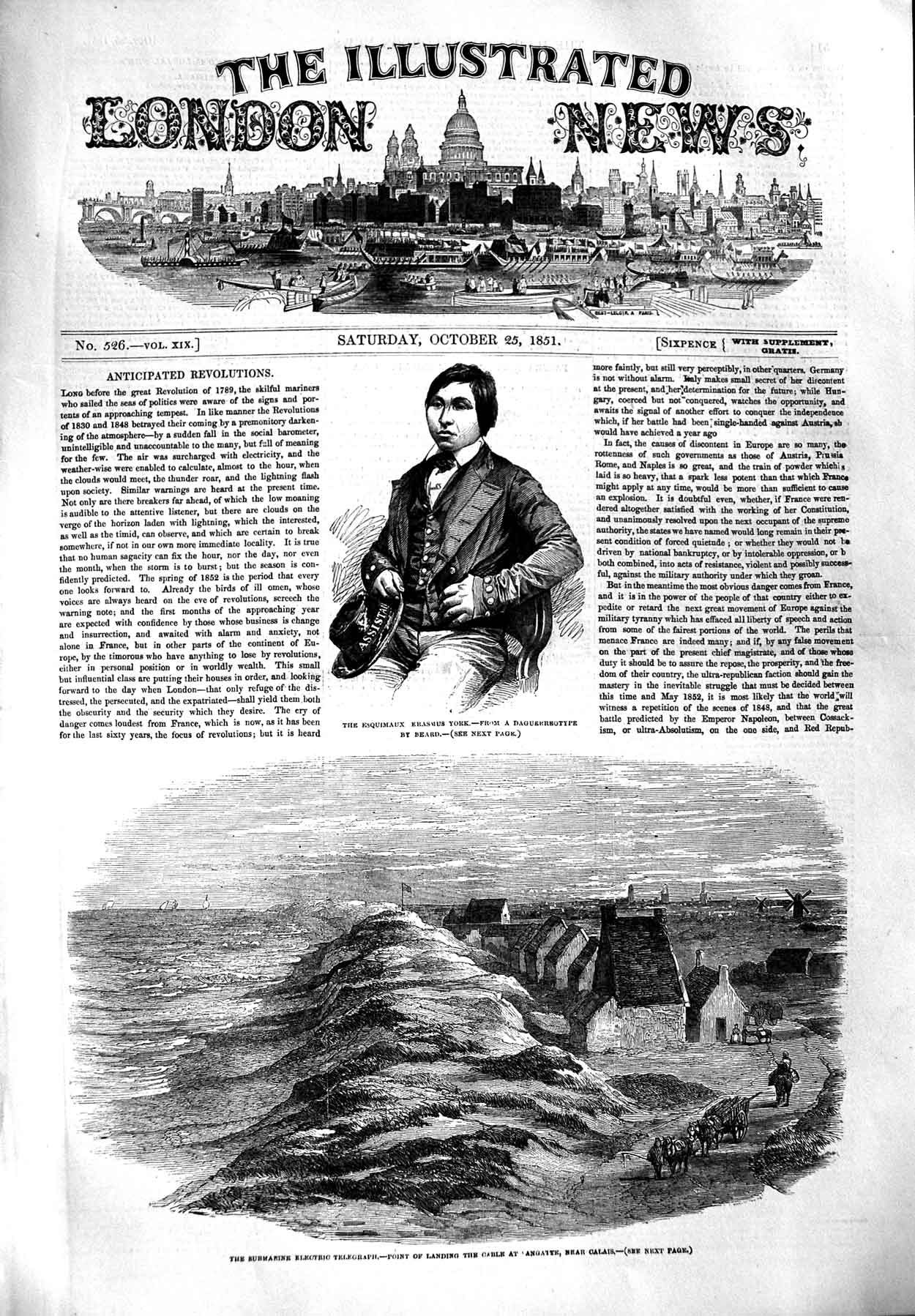 Old Antique Print 1851 Submarine Telegraph Sangatte Calias Erasmus York 19th