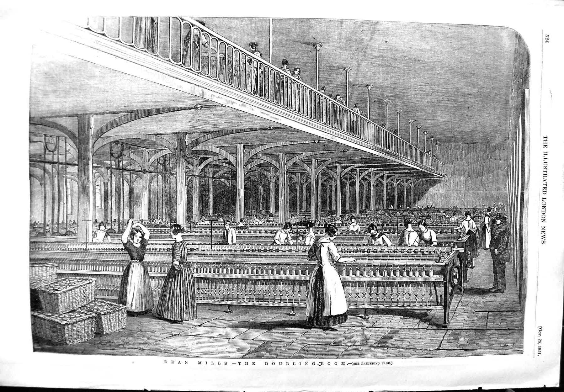 Original Old Antique Print 1851 Machinery Dean Mills Doubling Room Industry