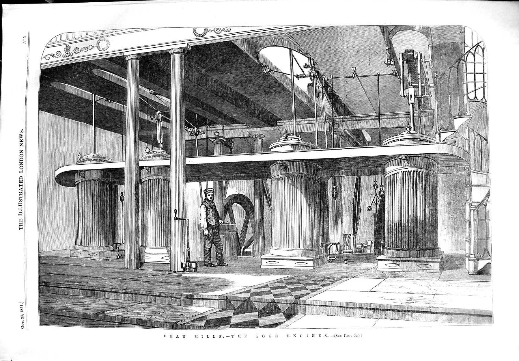 Original Old Antique Print 1851 Machinery Dean Mills Four Engines Victorian