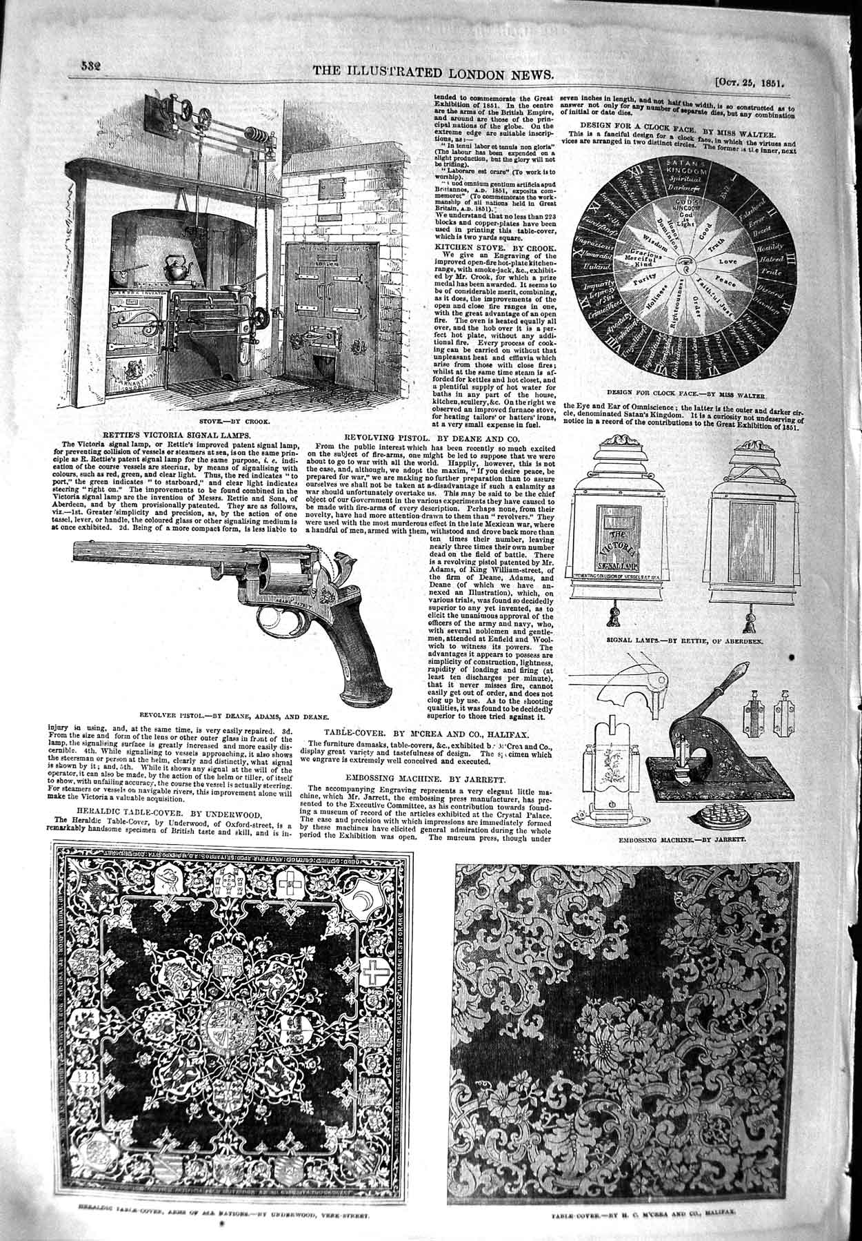 Old Antique Print 1851 Heraldic Table Cover Design Stove Revolver Pistol 19th