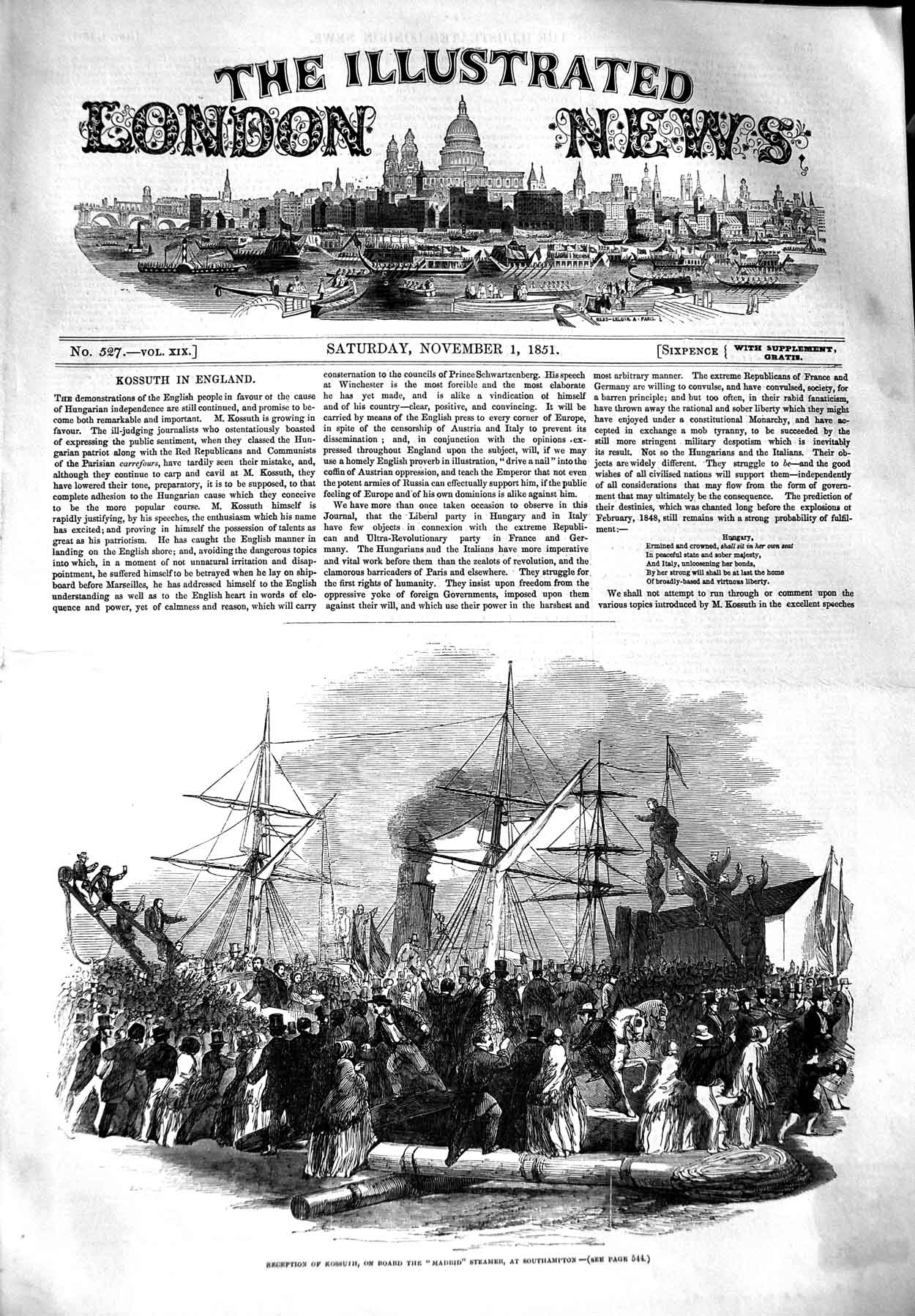 Original Old Antique Print 1851 Reception Kossuth Ship Steamer Madrid Sout 19th
