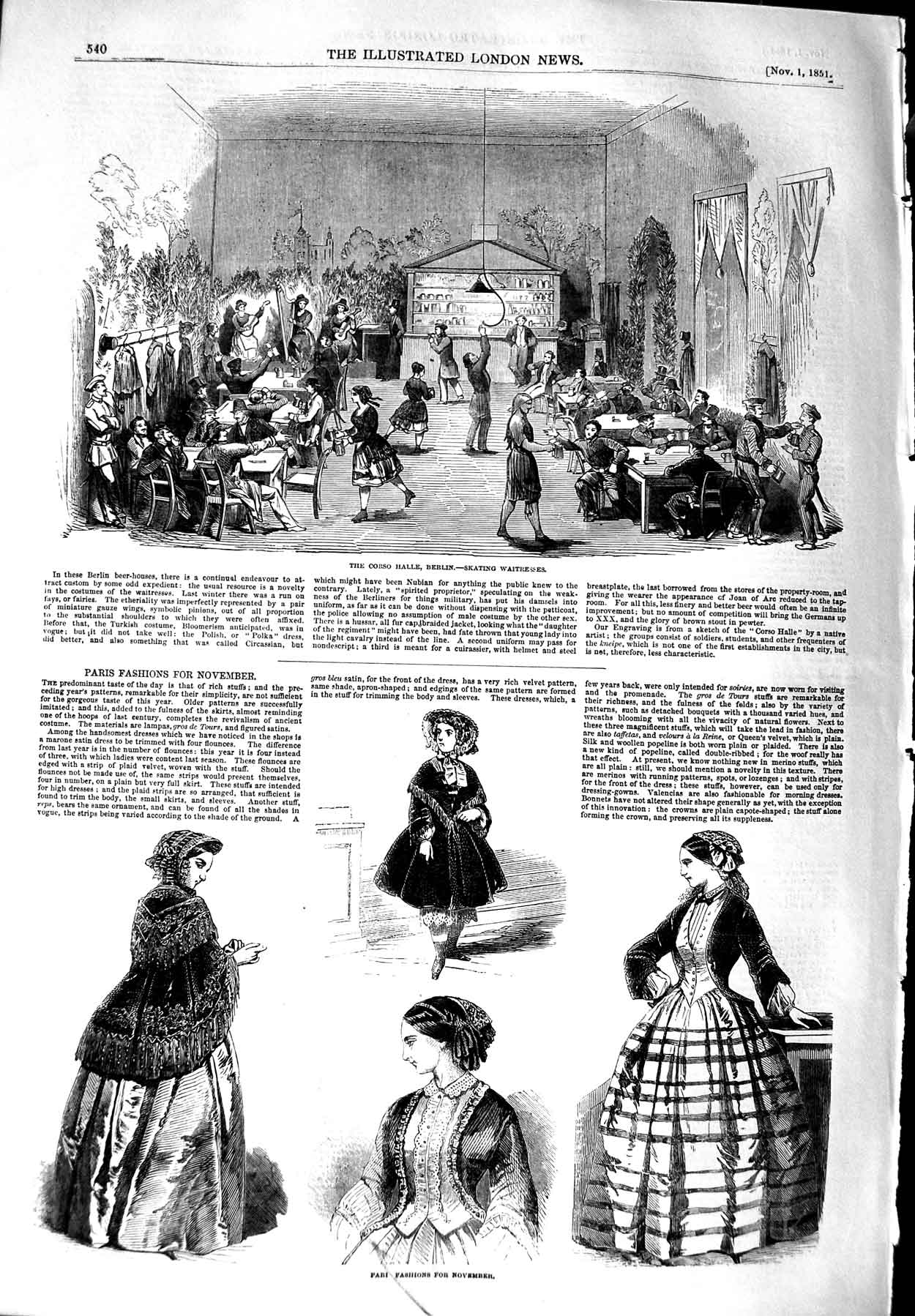 Old Antique Print 1851 Corso Halle Berlin Skating Waitress Paris Fashion 19th