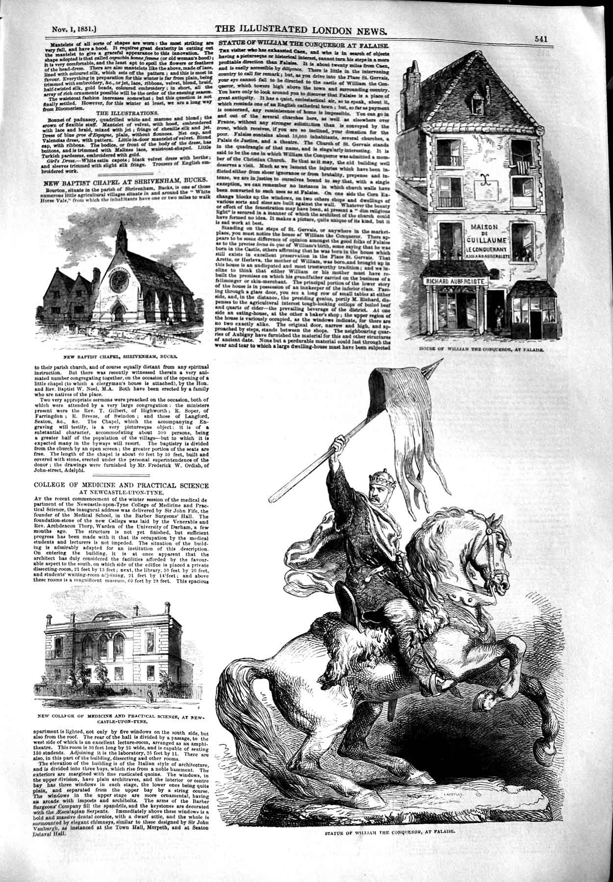 Old Antique Print 1851 Statue William Conqueror Falaise Medicine College 19th