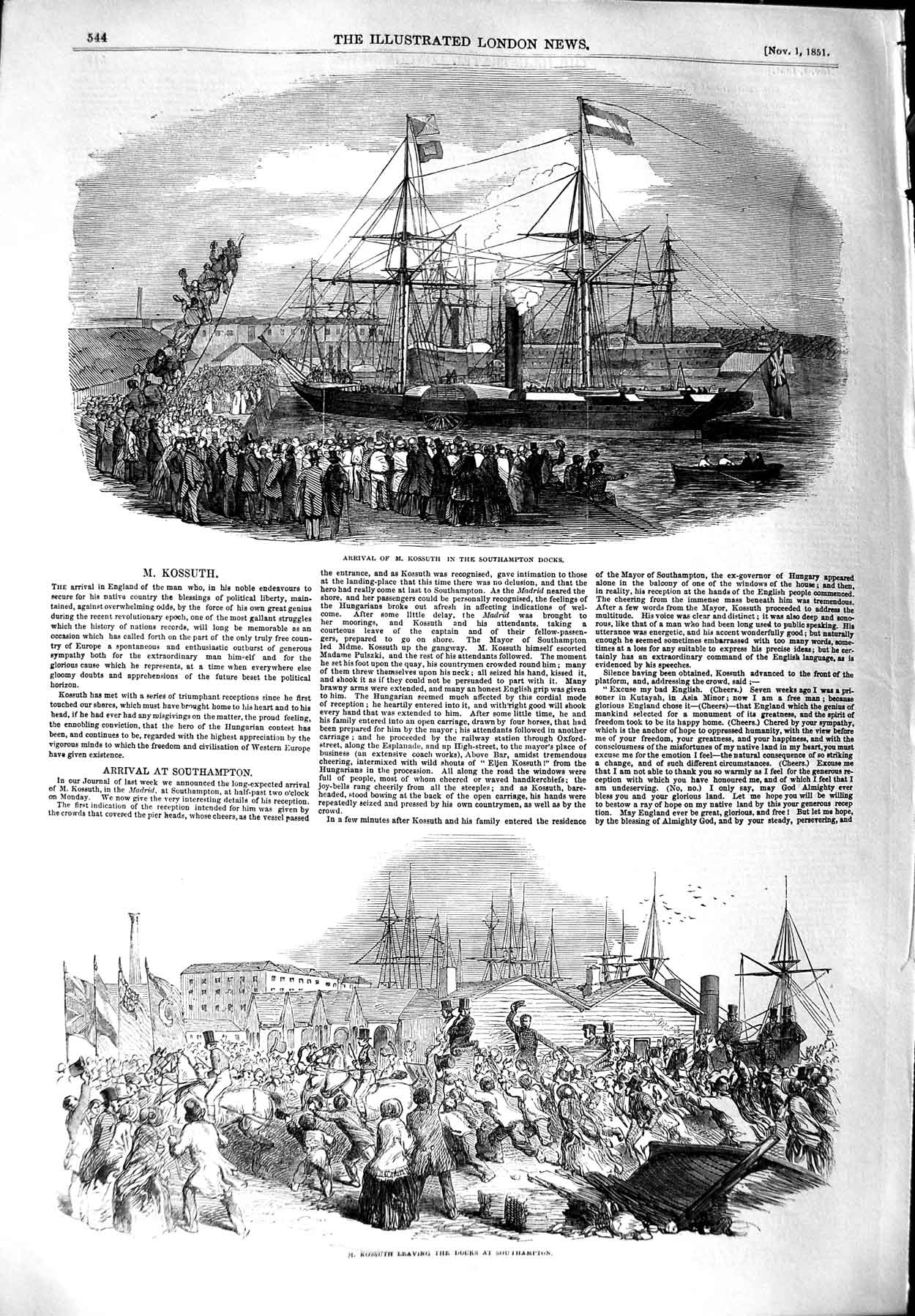 Original Old Antique Print 1851 Kossuth Southampton Docks Ships 19th