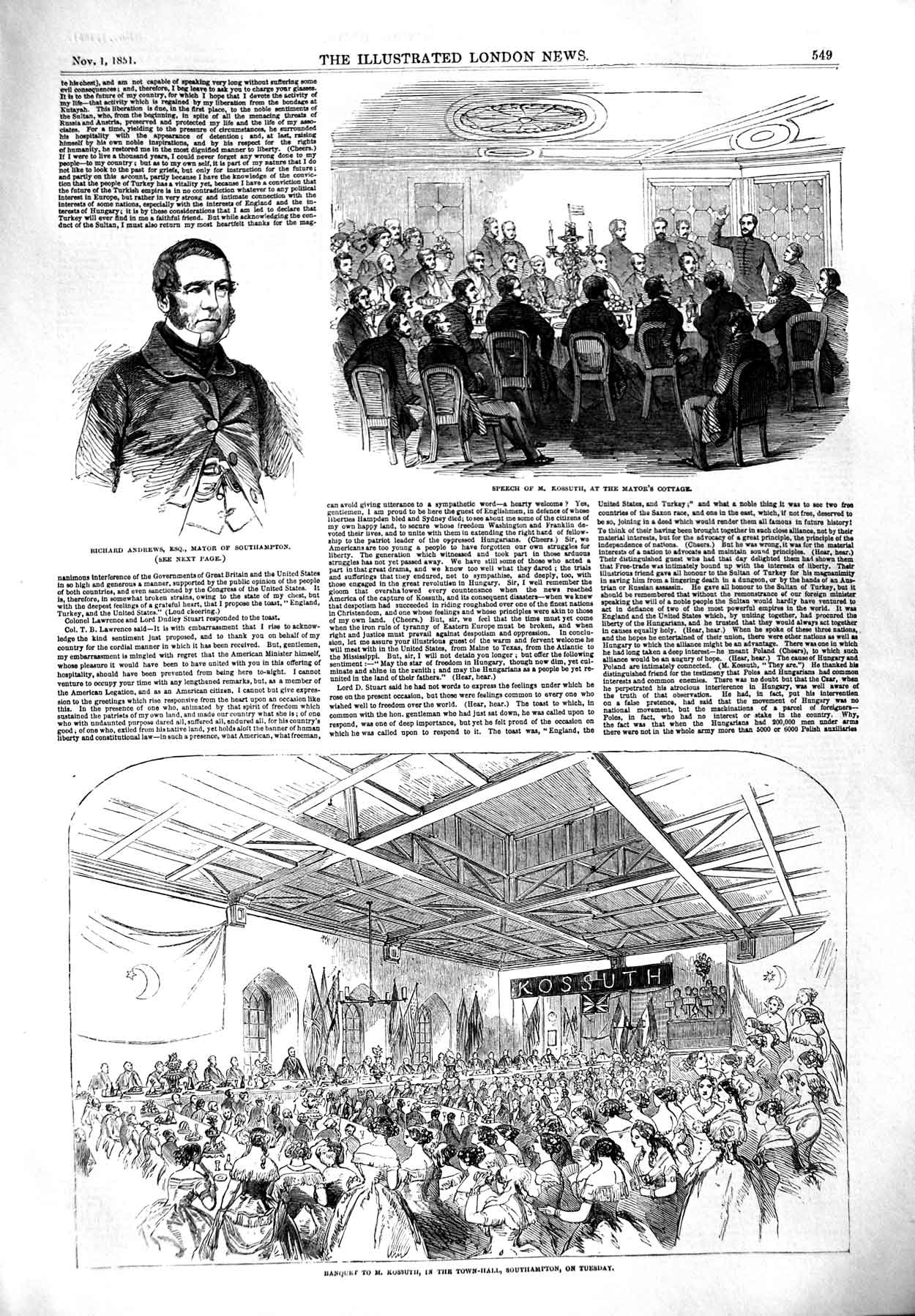 Original Old Antique Print 1851 Richard Andrews Mayor Southampton Victorian