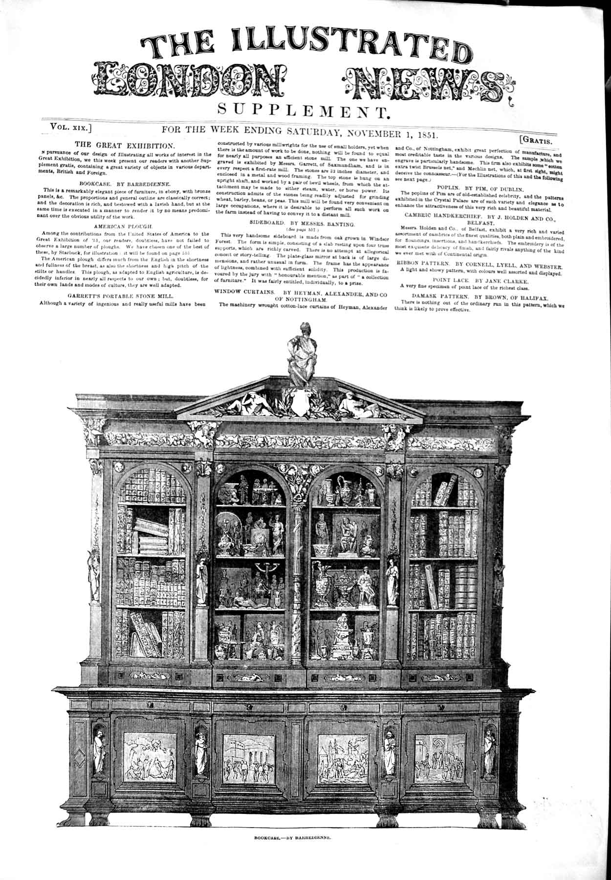 Original Old Antique Print 1851 Furniture Bookcase Poplin Window Curtain Damask