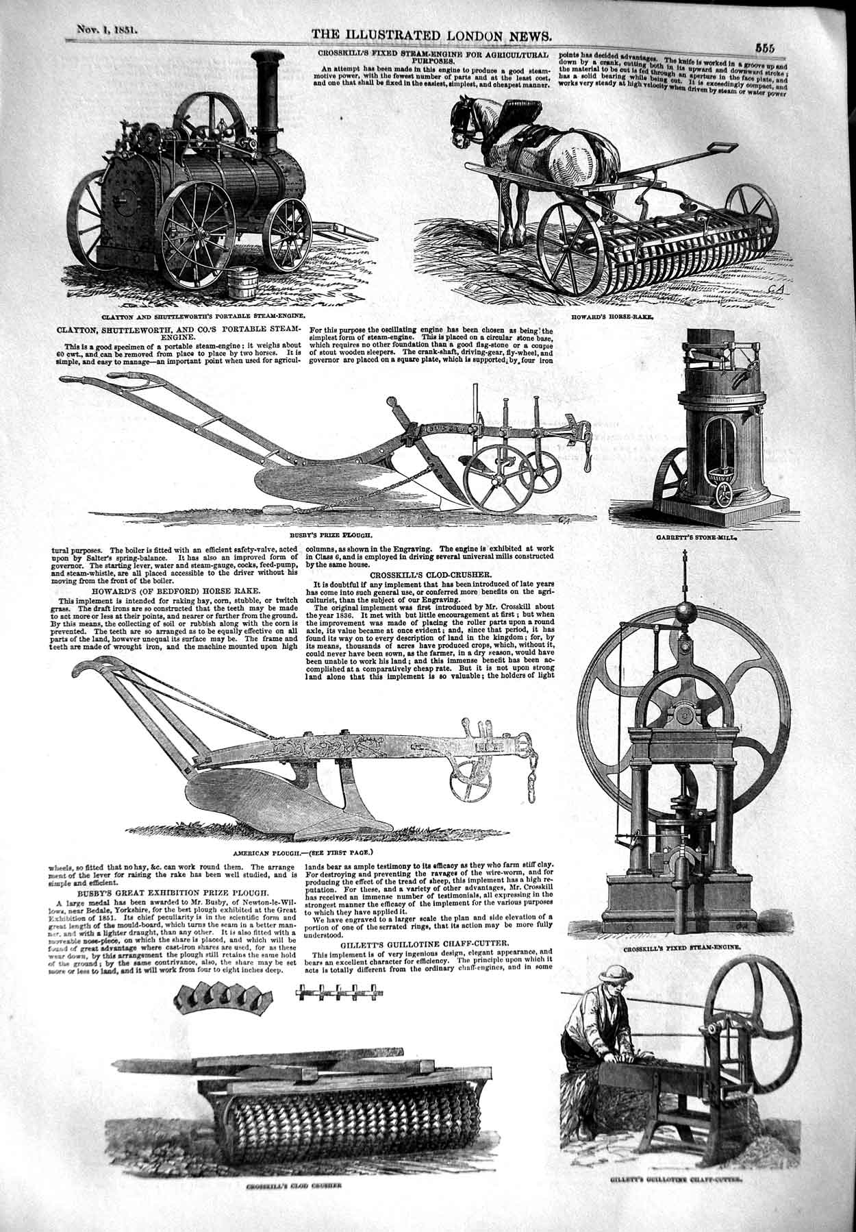 Original Old Antique Print 1851 Farming Plough Steam-Engine Crosskill Coalbrook