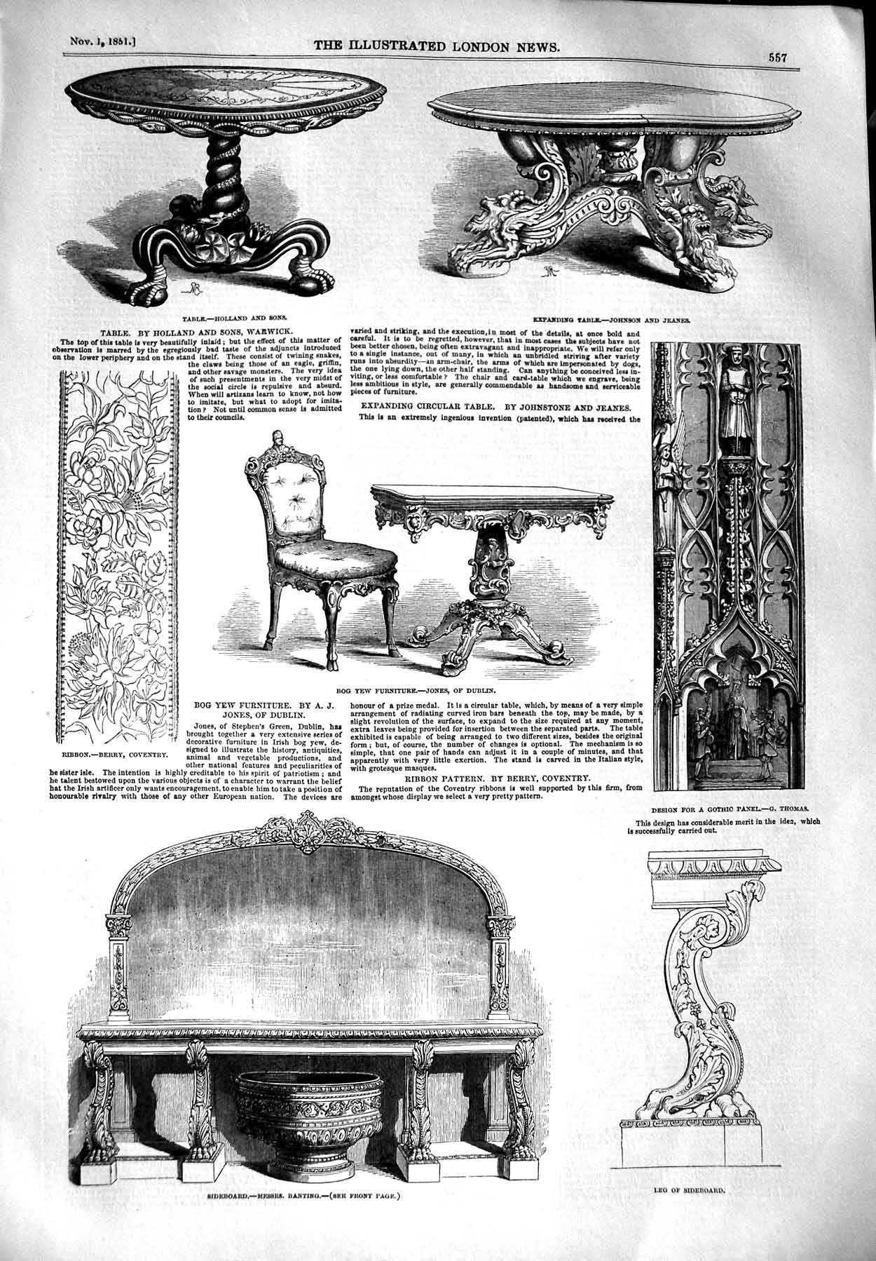 Old Antique Print 1851 Sideboard Banting Bog Yew Furniture Jones Dublin 19th