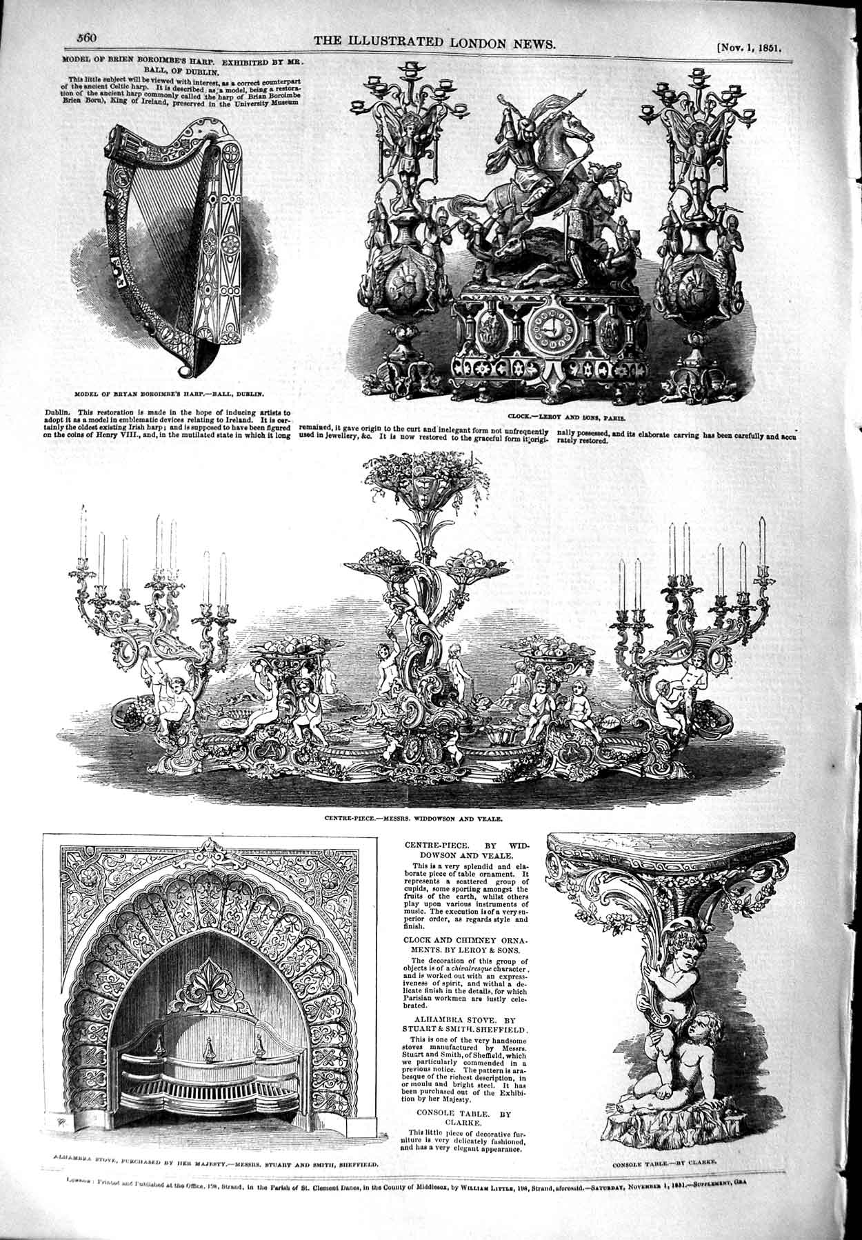 Original Old Antique Print 1851 Clock Model Bryan Boroimbe Harp Alhambra Stove