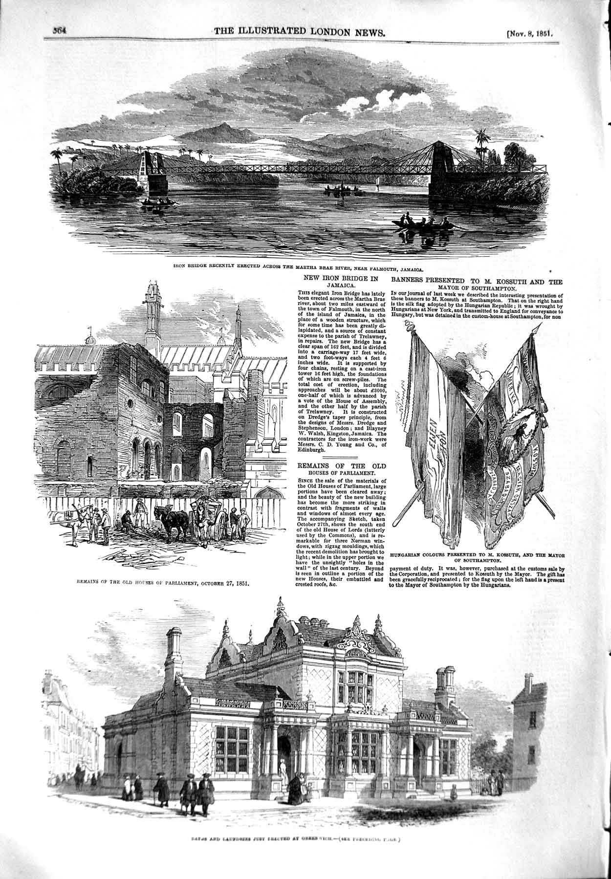 Original Old Antique Print 1851 Bridge Martha River Jamaica Laundries Greenwich