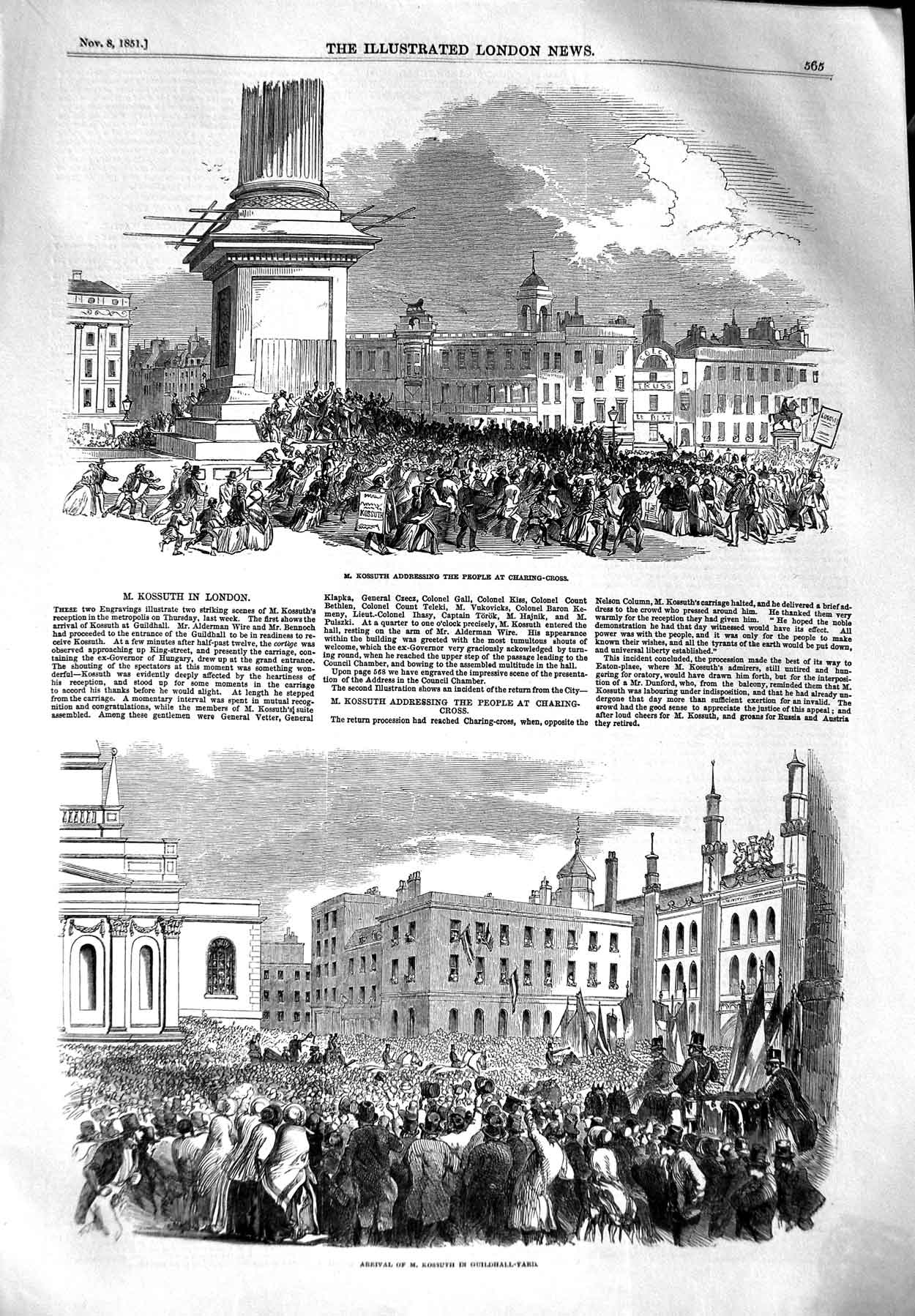 Original Old Antique Print 1851 Kossuth Charing-Cross Guildhall-Yard Victorian