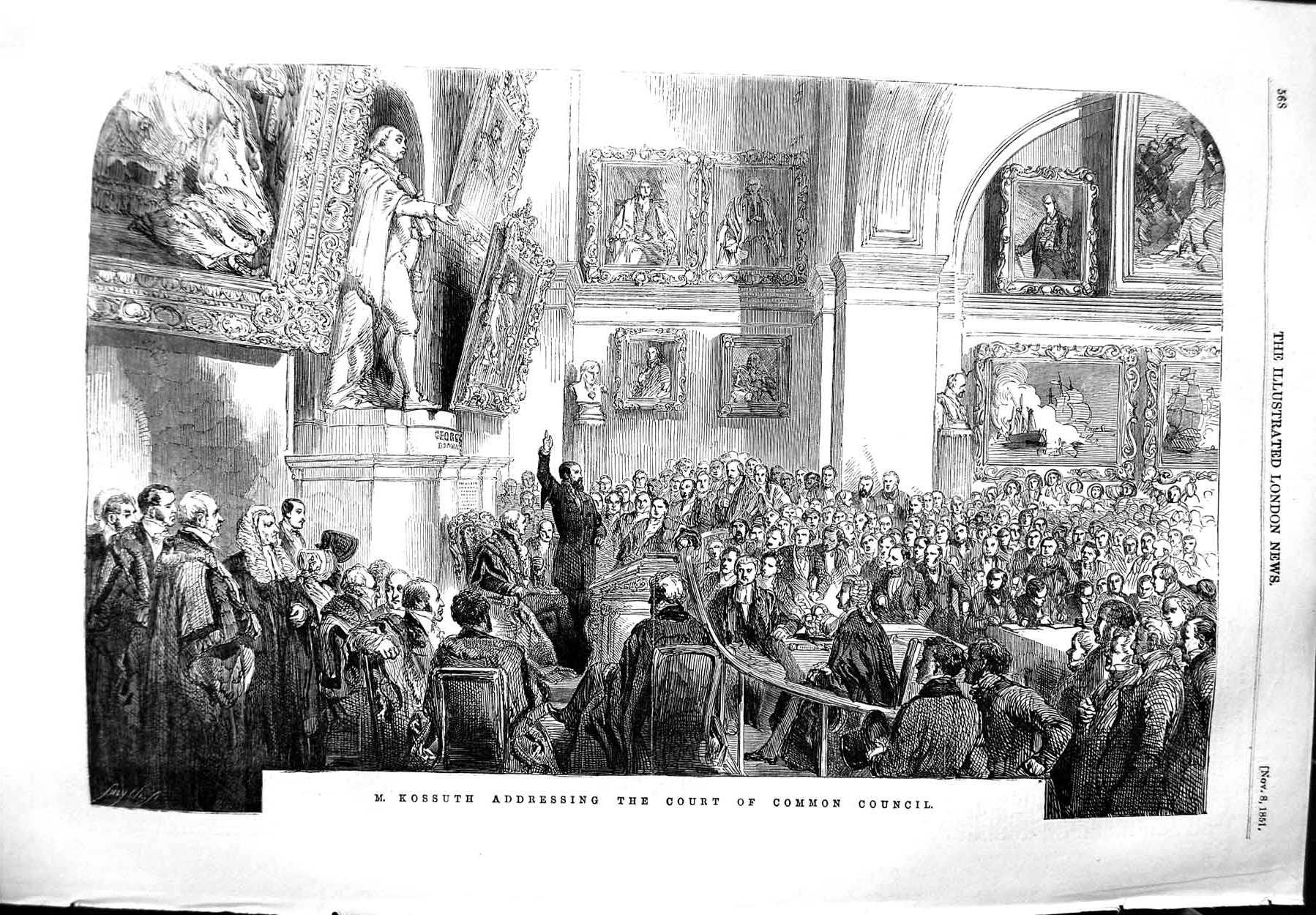Original Old Antique Print 1851 Scene Ossuth Addressing Court Common Council
