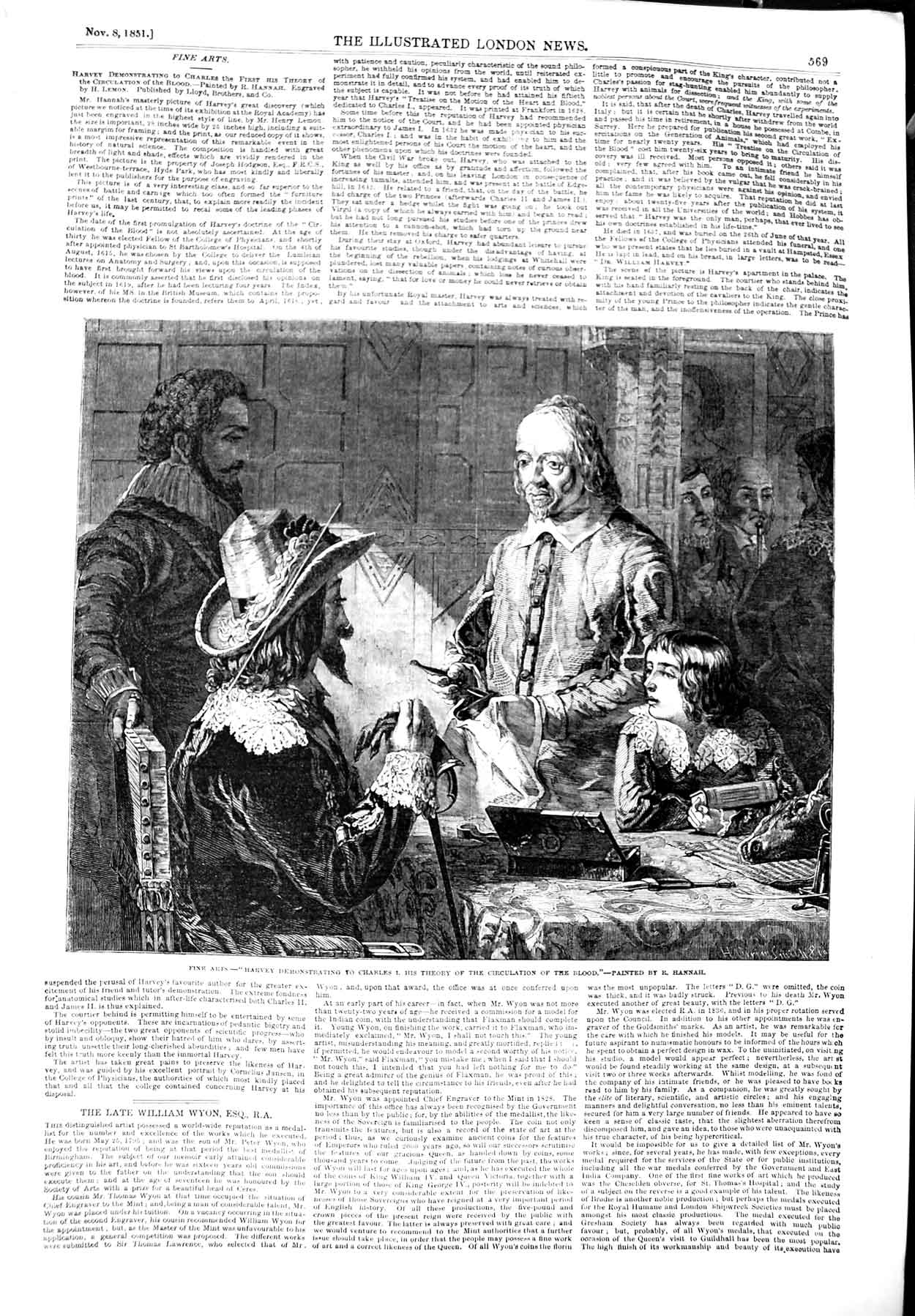 Old Antique Print 1851 Fine Arts Harvey Charles Theory Circulation Blood 19th