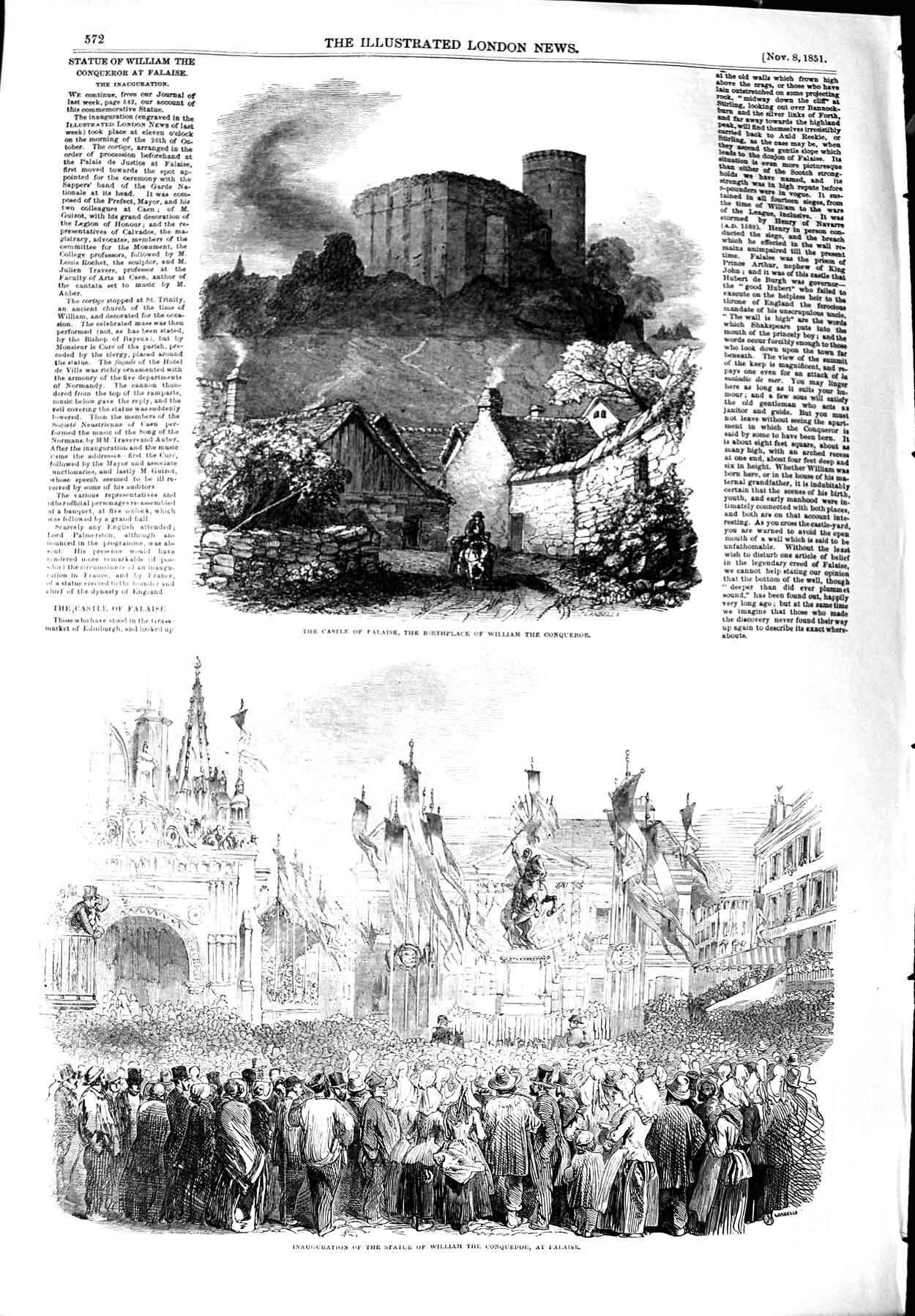 Old Antique Print 1851 Castle Falaise Birthplace William Conqueror Statue 19th