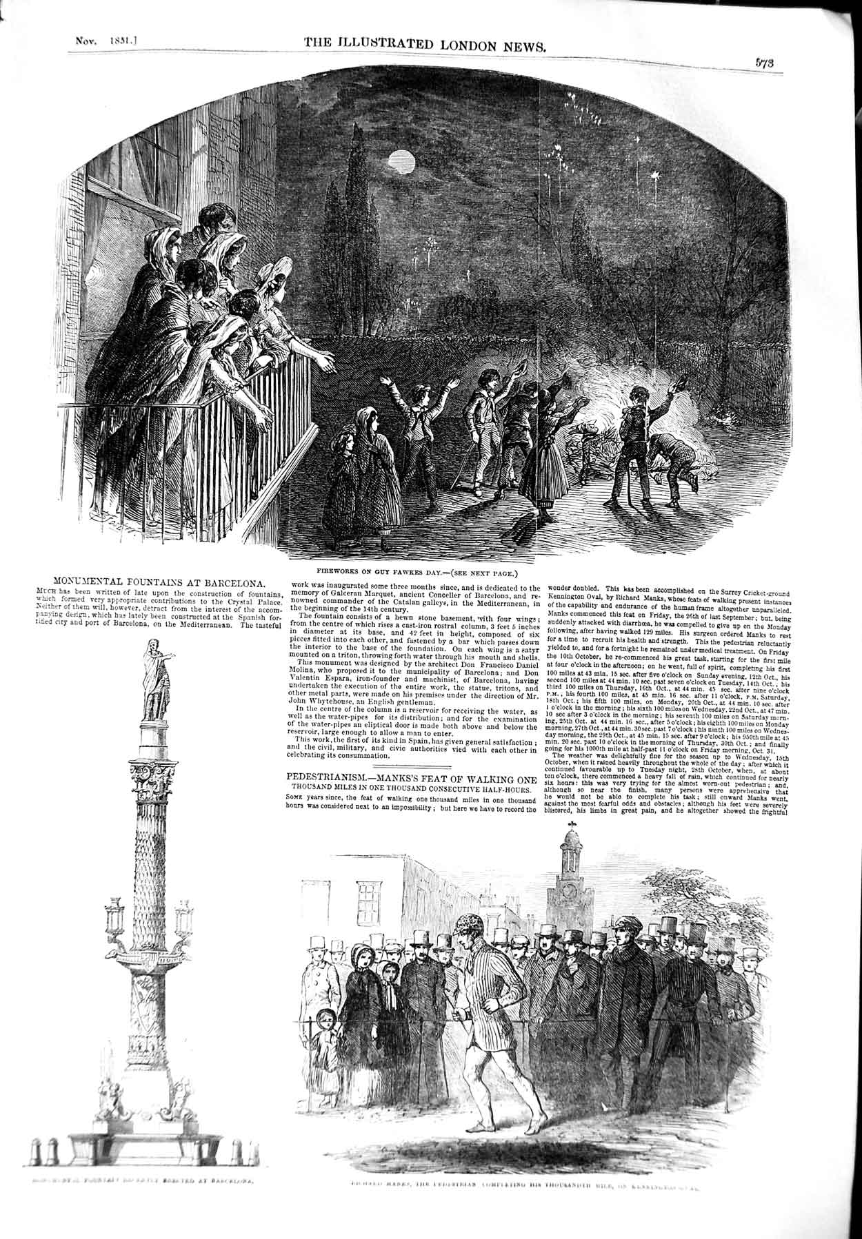 Old Antique Print 1851 Fireworks Fawkes Fountain Barcelona Richard Manks 19th