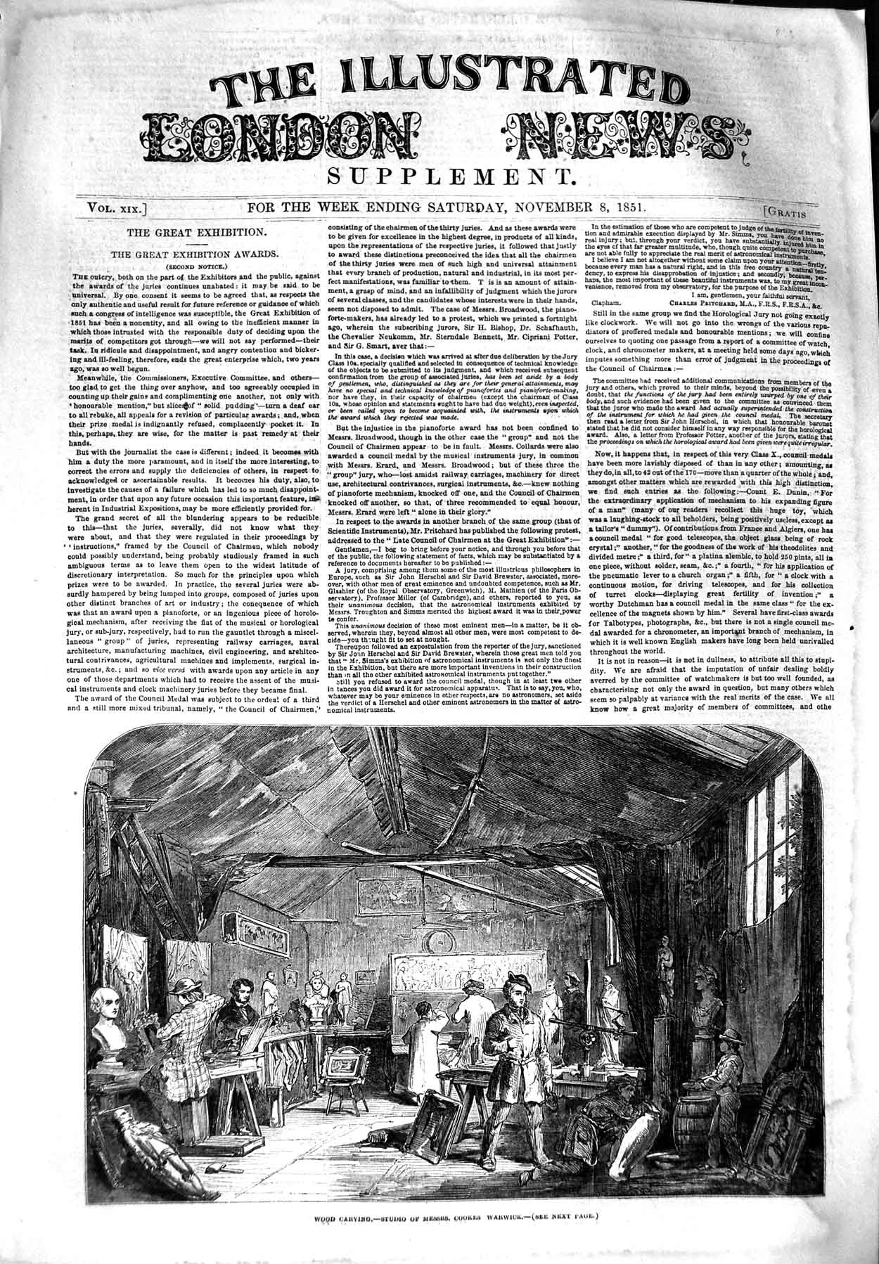 Original Old Antique Print 1851 Wood Carving Studio Messrs. Cookes Warwick Art