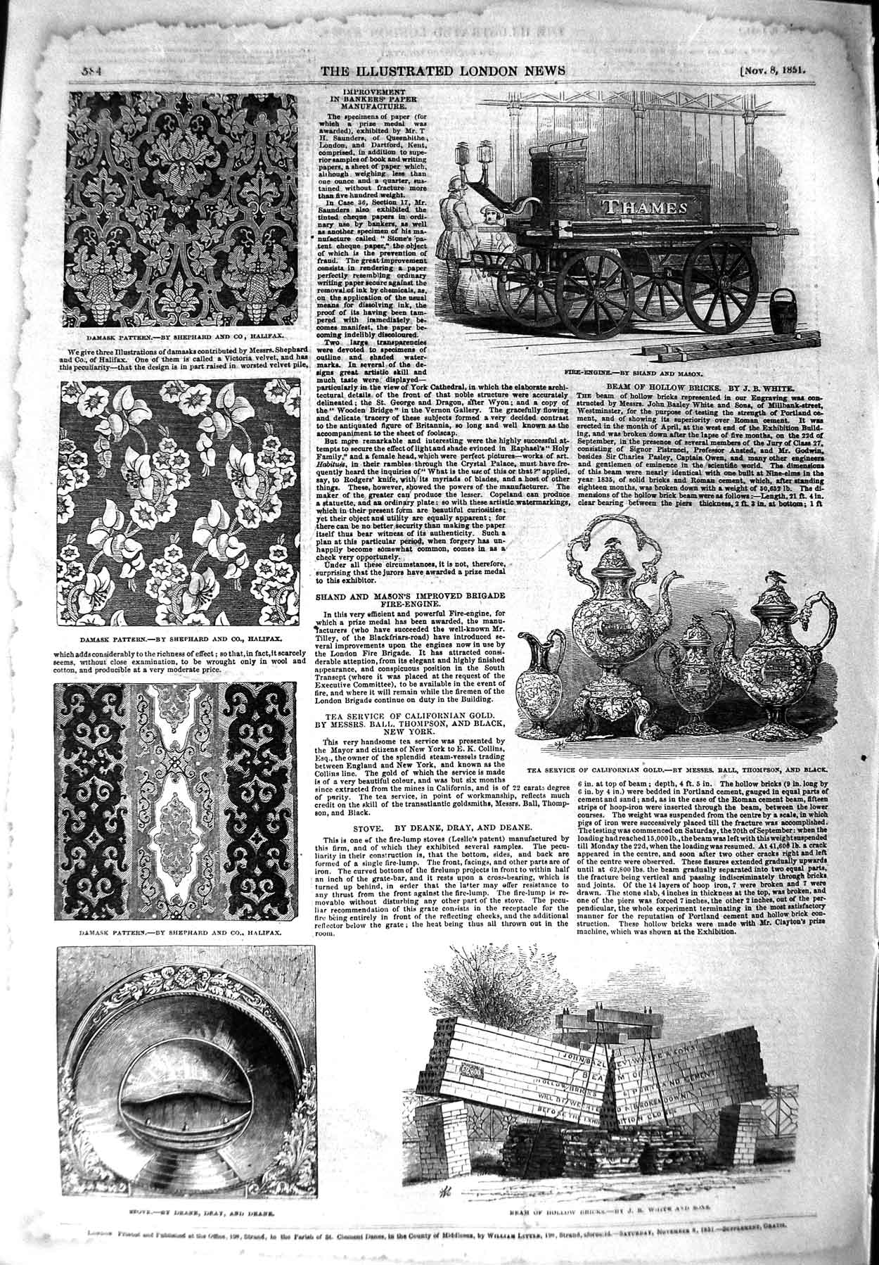 Original Old Antique Print 1851 Beam Hollow Bricks Damask Pattern Fire-Engine