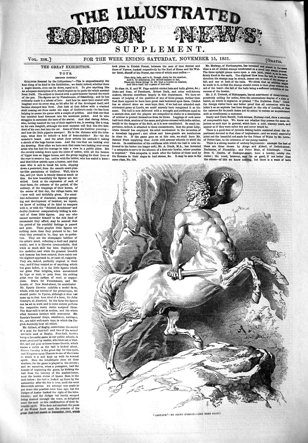 Original Old Antique Print 1851 Centaur Half Man Horse 19th Century