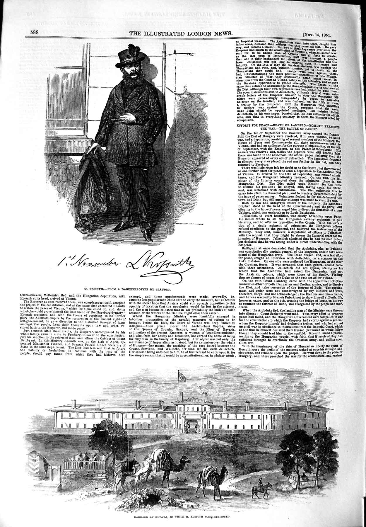 Original Old Antique Print 1851 Portrait Kossuth Barrack Kutaya 19th