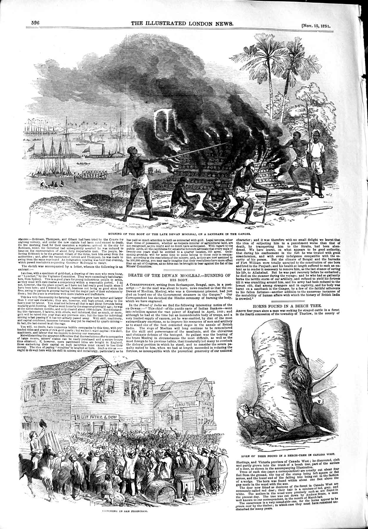 Original Old Antique Print 1851 Burning Body Dewan Moolraj Ganges San Francisco