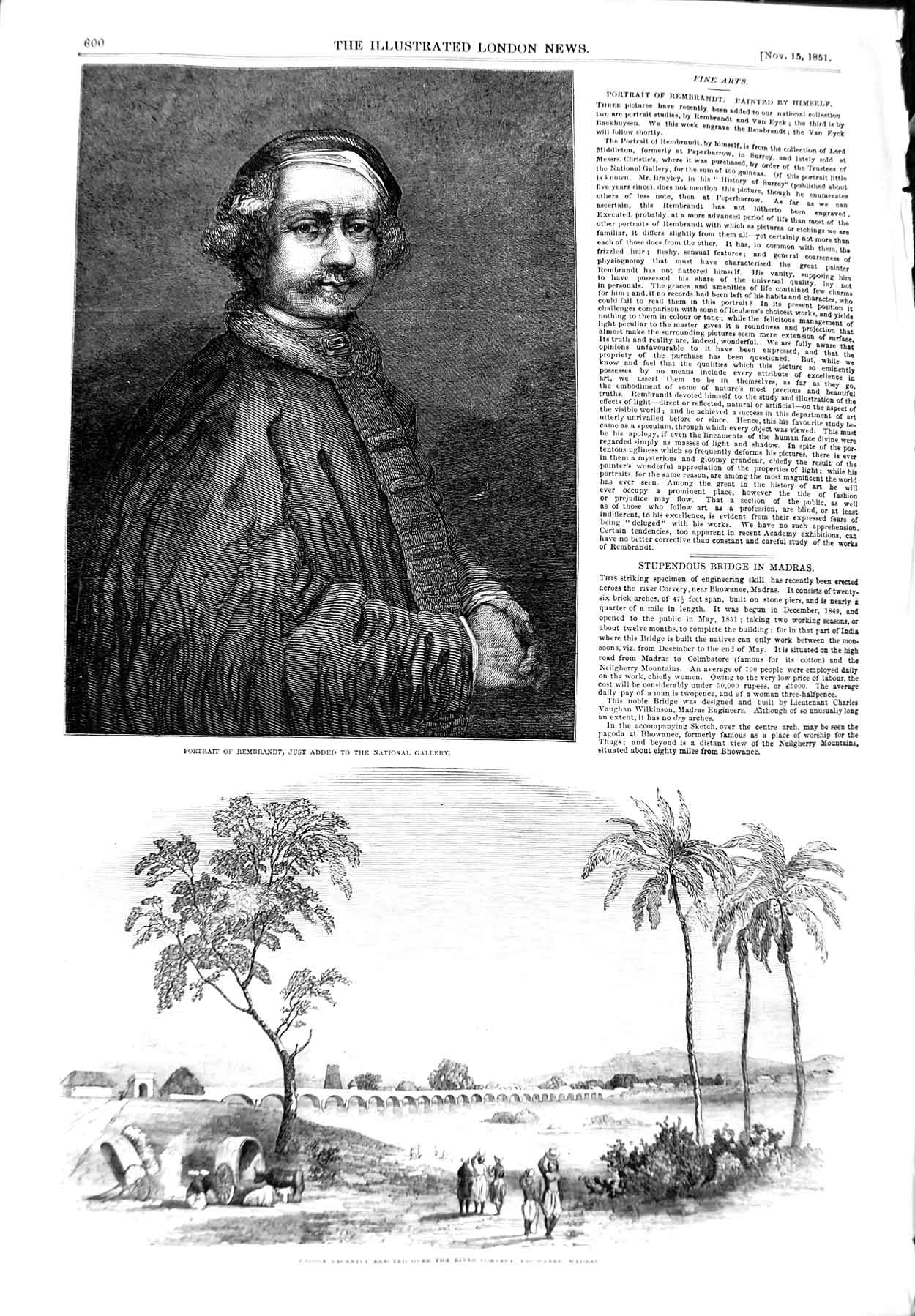 Original Old Antique Print 1851 Portrait Rembrandt Bridge River Corvery Madras