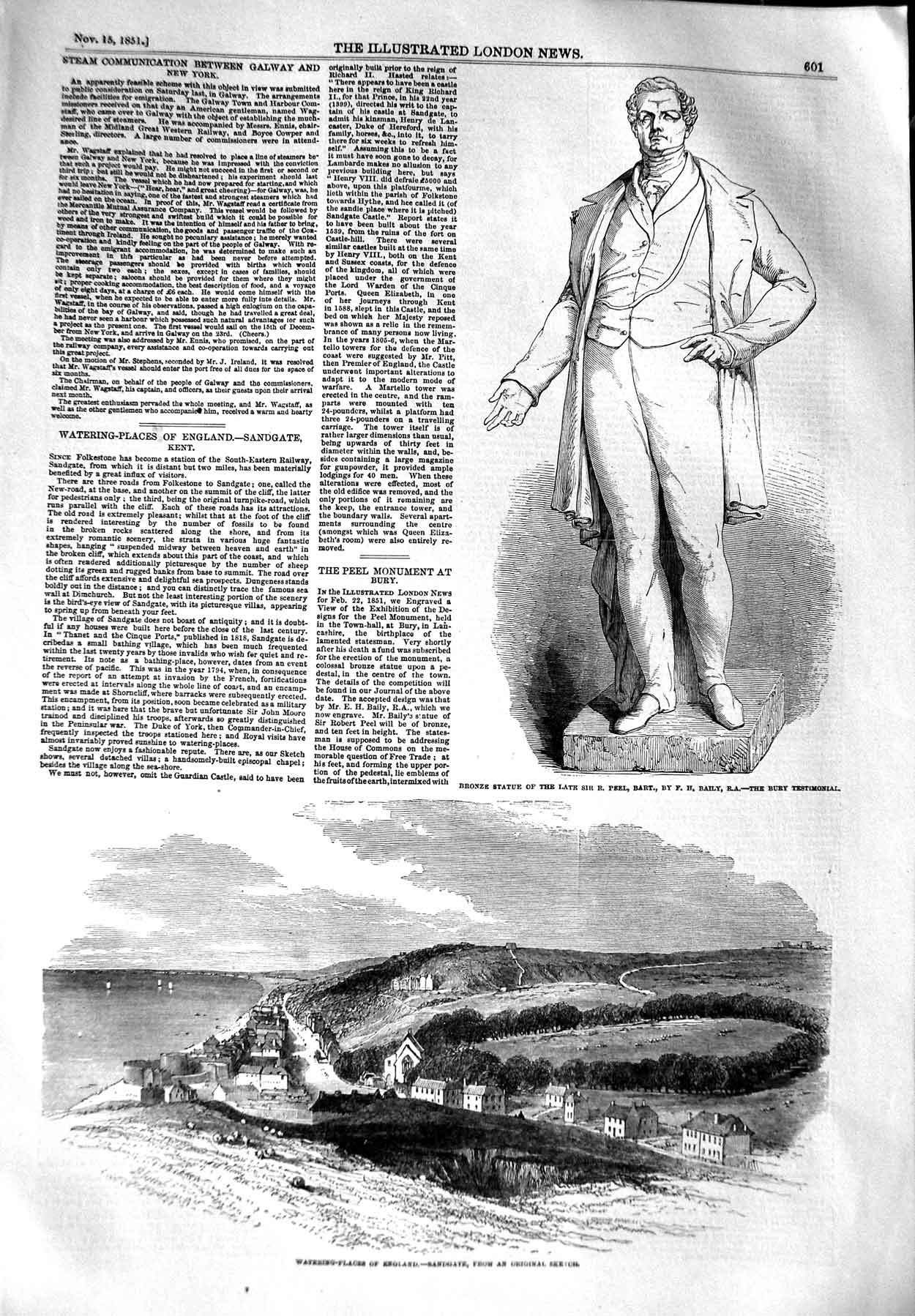 Original Old Antique Print 1851 Bronze Statue Sir Peel View Sandgate England