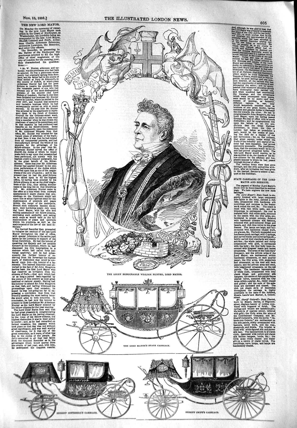 Original Old Antique Print 1851 William Hunter Lord Mayor State Carriage 19th
