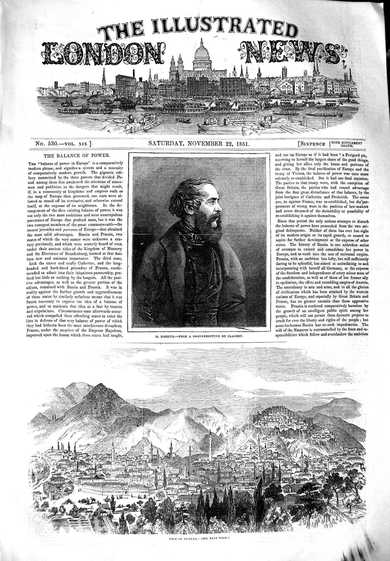 Original Old Antique Print 1851 View Kutaya Town Mountains Portrait Victorian
