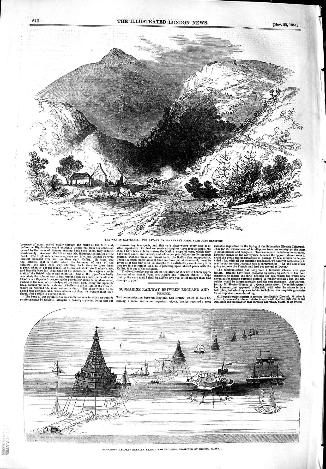 Original Old Antique Print 1851 War Kaffraria Blakeway Farm Submarine Railway