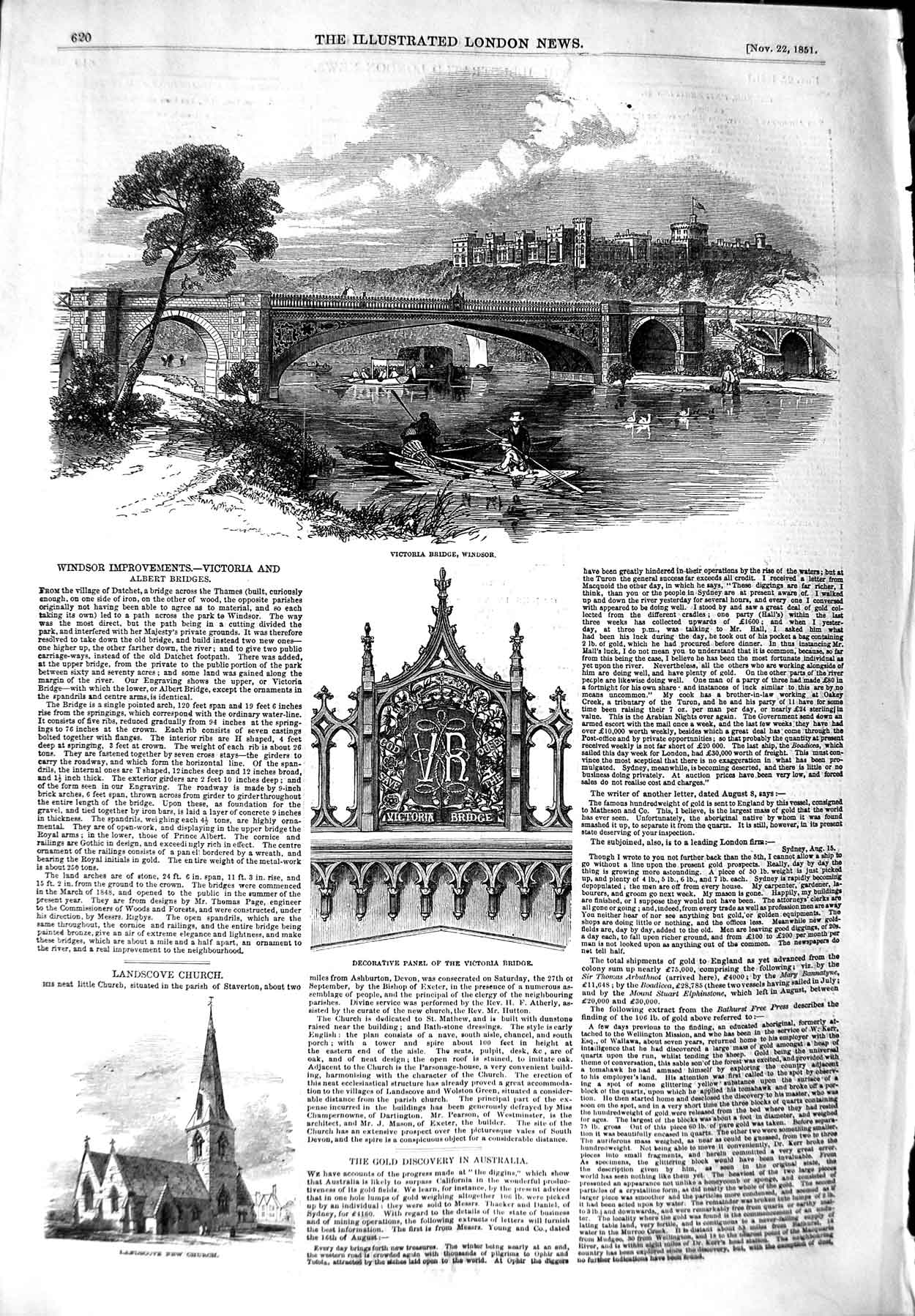Original Old Antique Print 1851 Victoria Bridge River Windsor Landscove Church