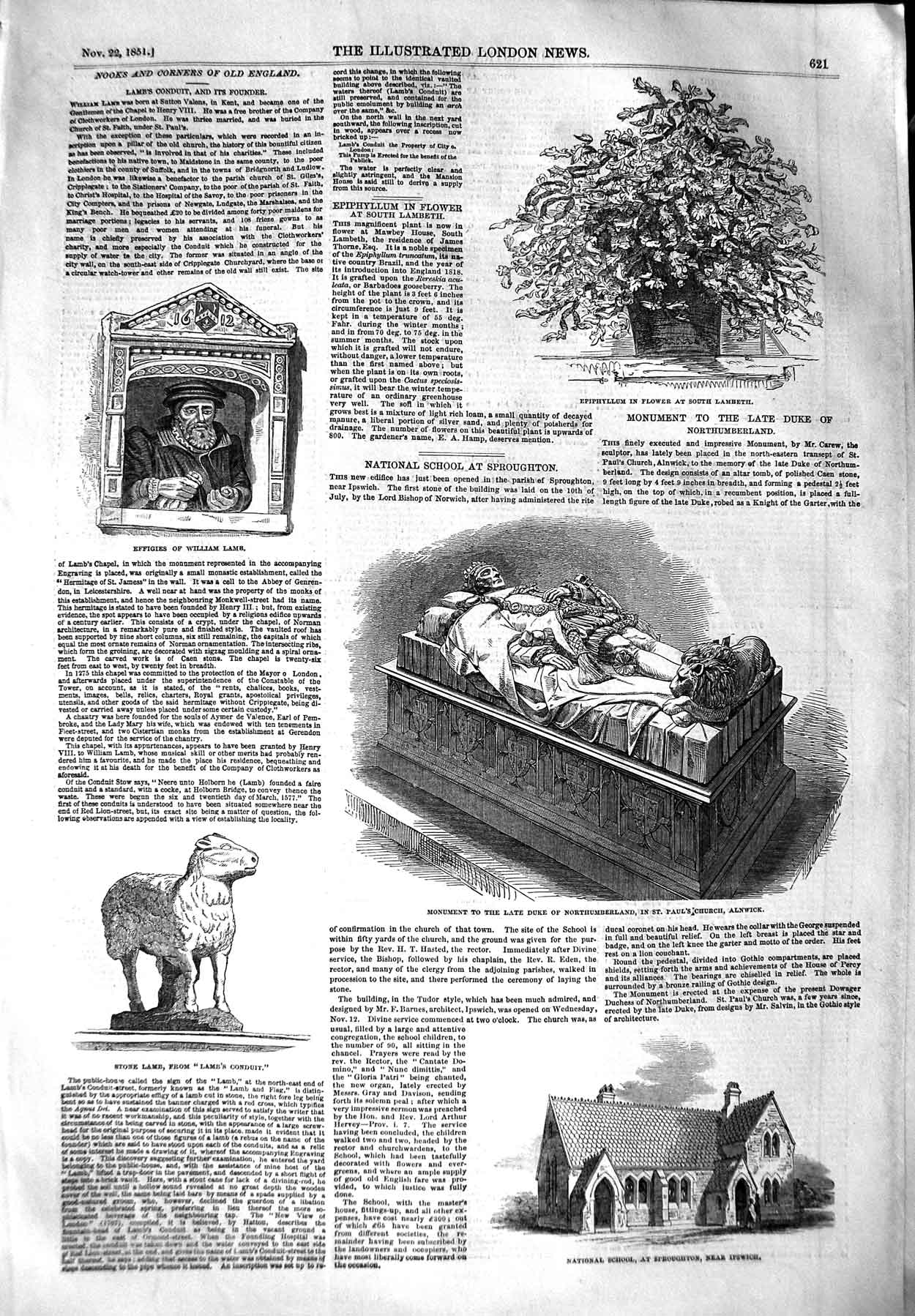 Old Antique Print 1851 Monument Duke Northumberland School Ipswich Lamb 19th