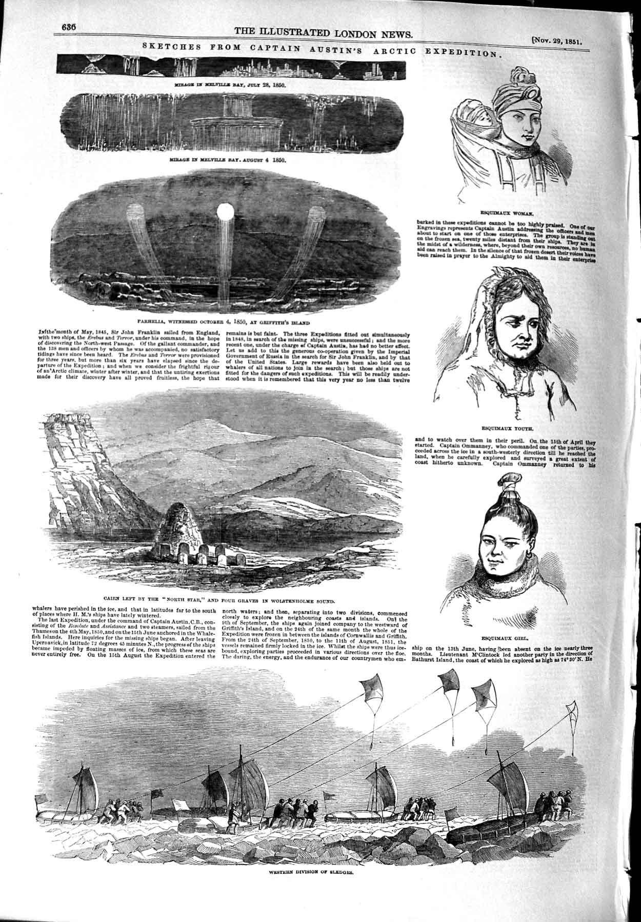 Old Antique Print 1851 Captain Austin Arctic Griffith Melville Esquimaux 19th