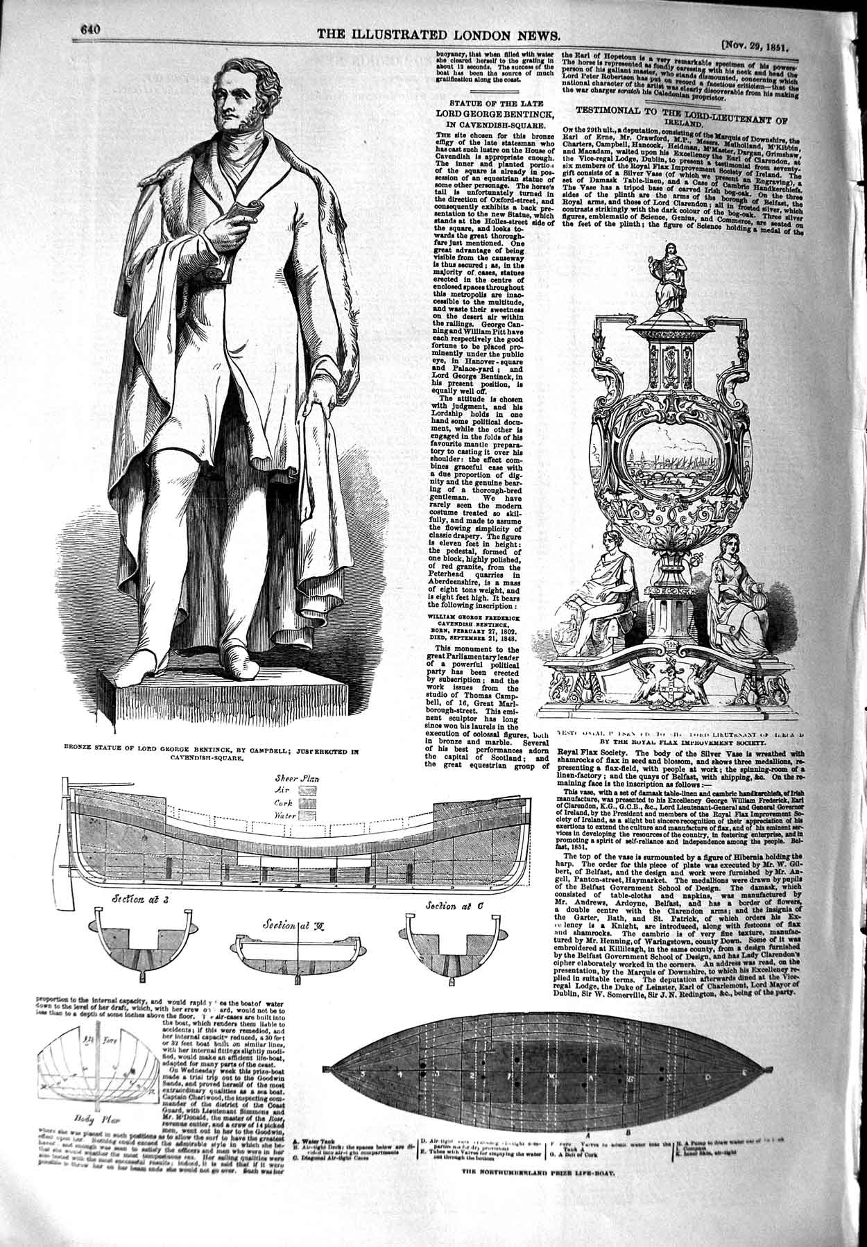 Original Old Antique Print 1851 Statue Lord Bentinck Northumberland Life-Boat