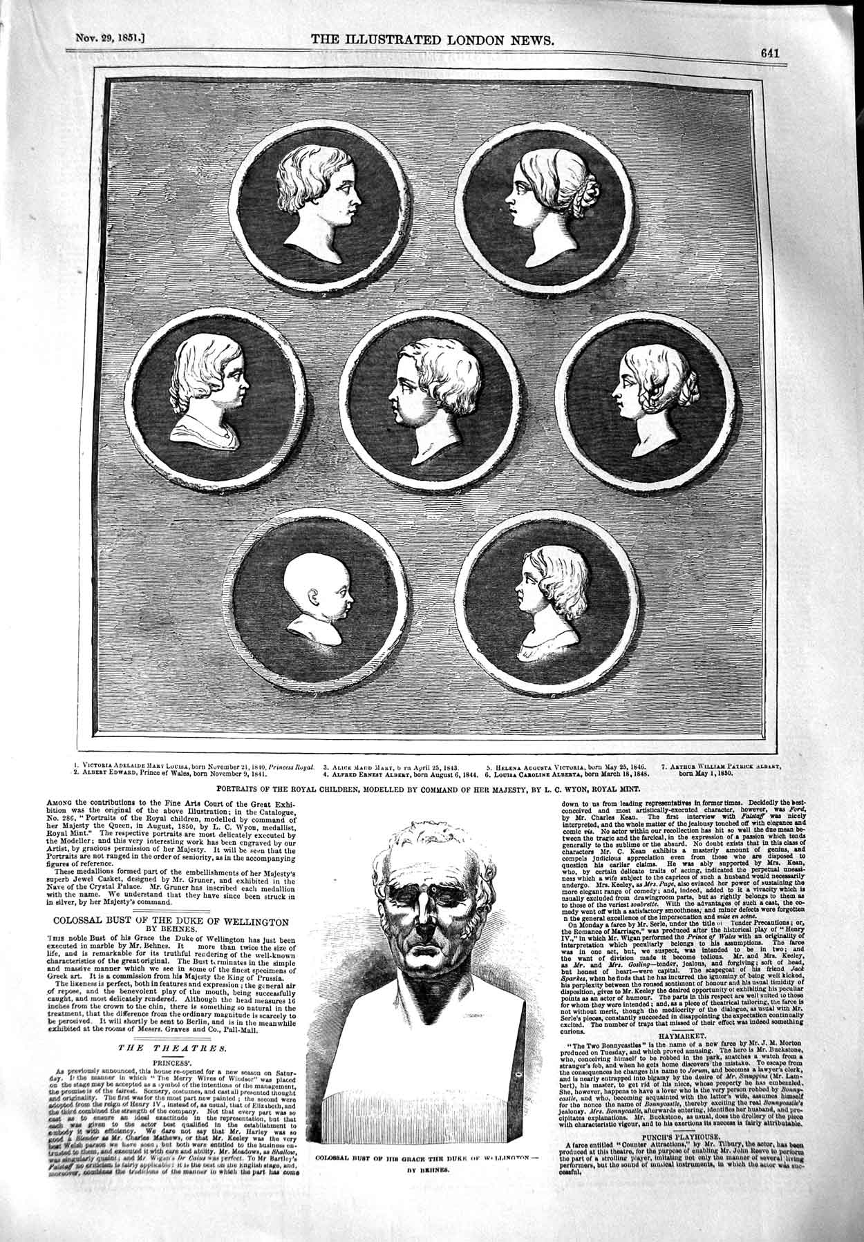 Original Old Antique Print 1851 Mint Royal Children Prince Bust Duke Wellington