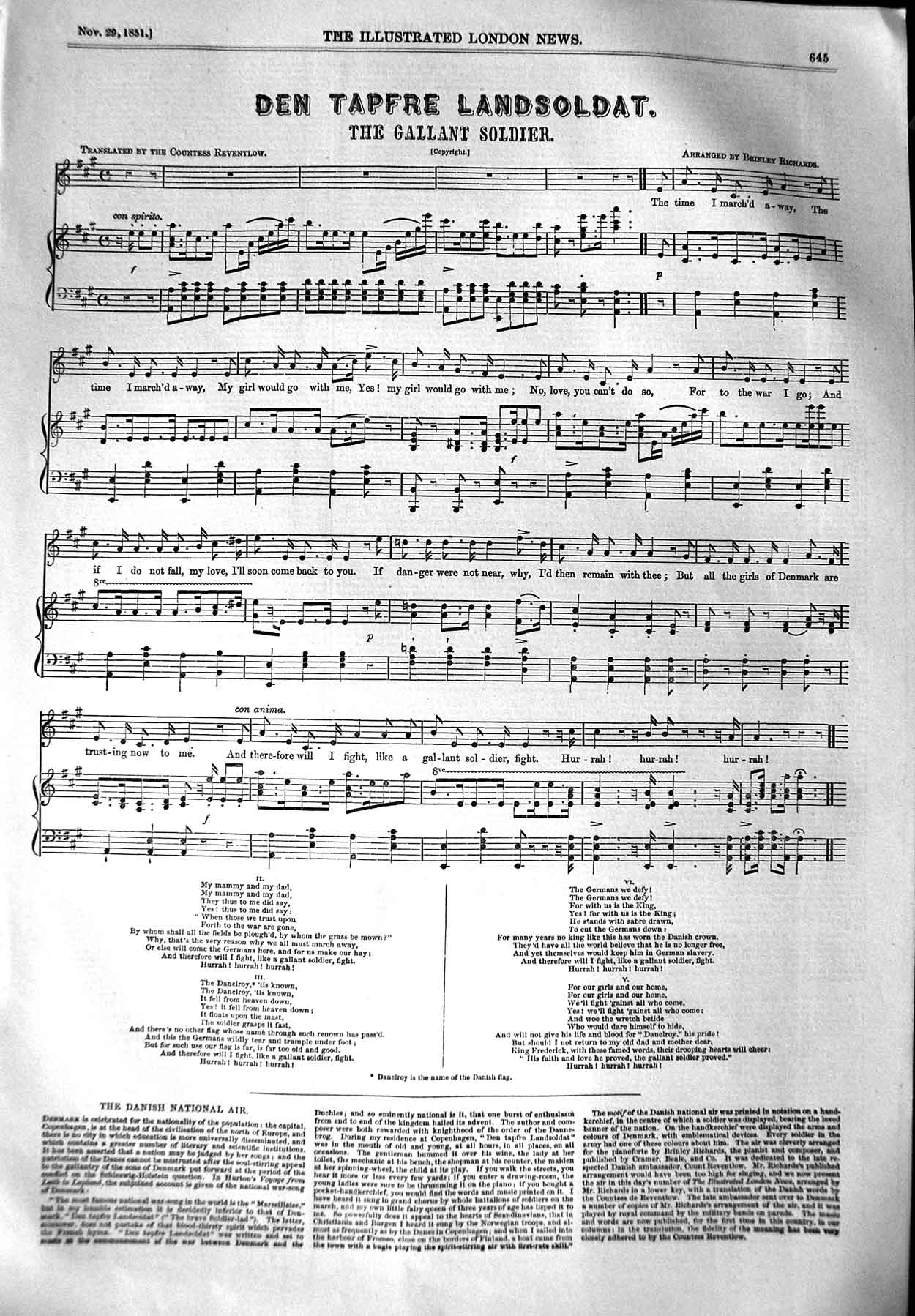 Original Old Antique Print 1851 Sheet Music Den Tapfre Landsat Gallant Sier