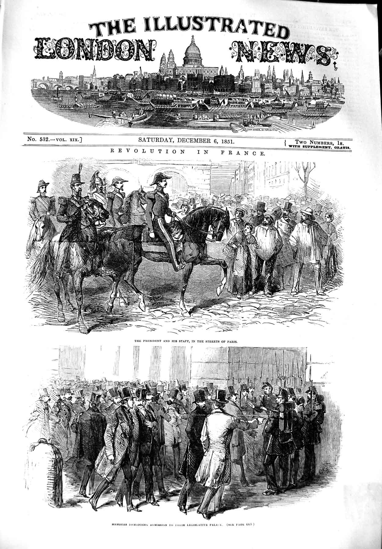 Original Old Antique Print 1851 Revolution France President Paris Legislative