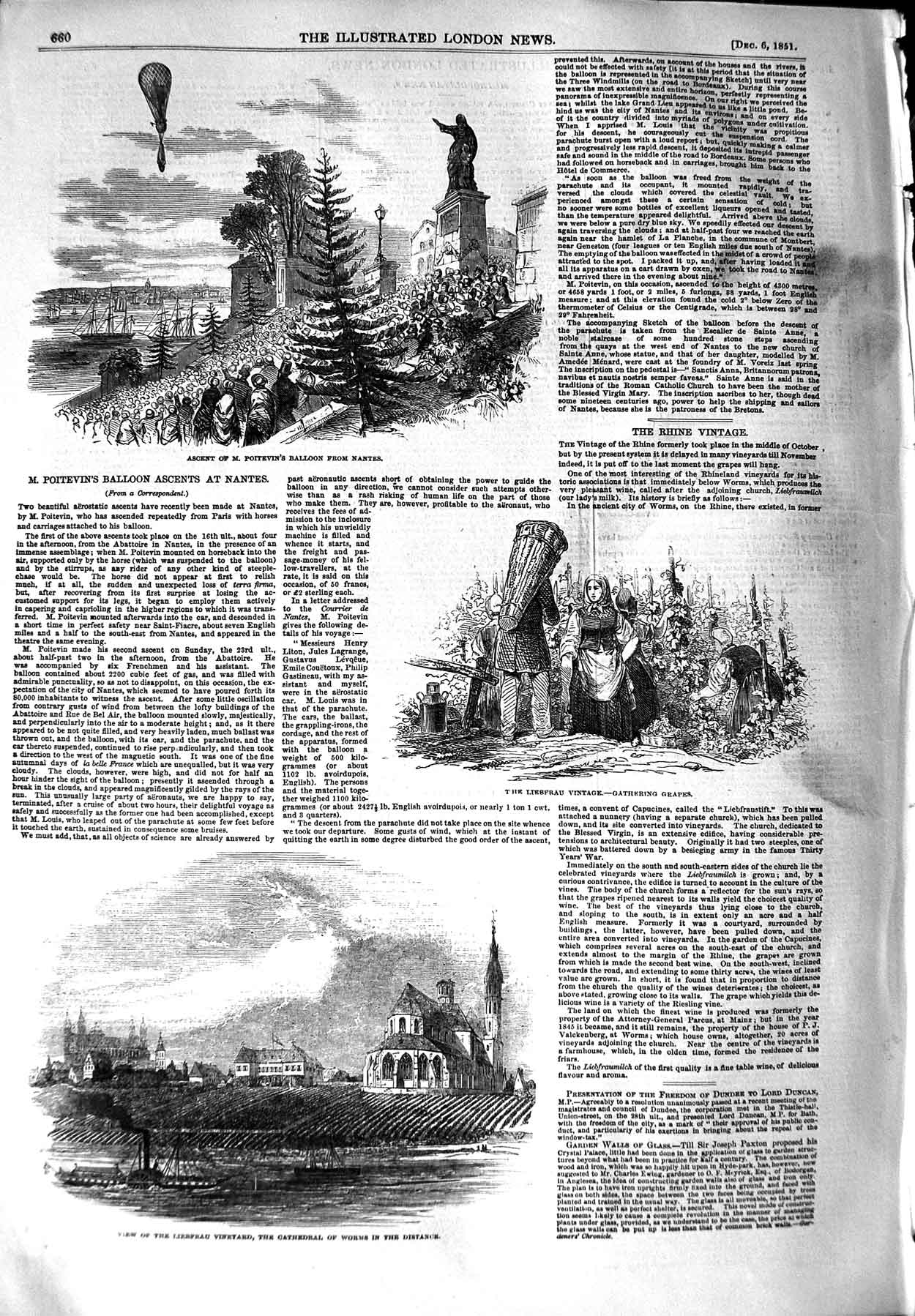 Original Old Antique Print 1851 Poitevin Balloon Nantes Liebfrau Vineyard Worms