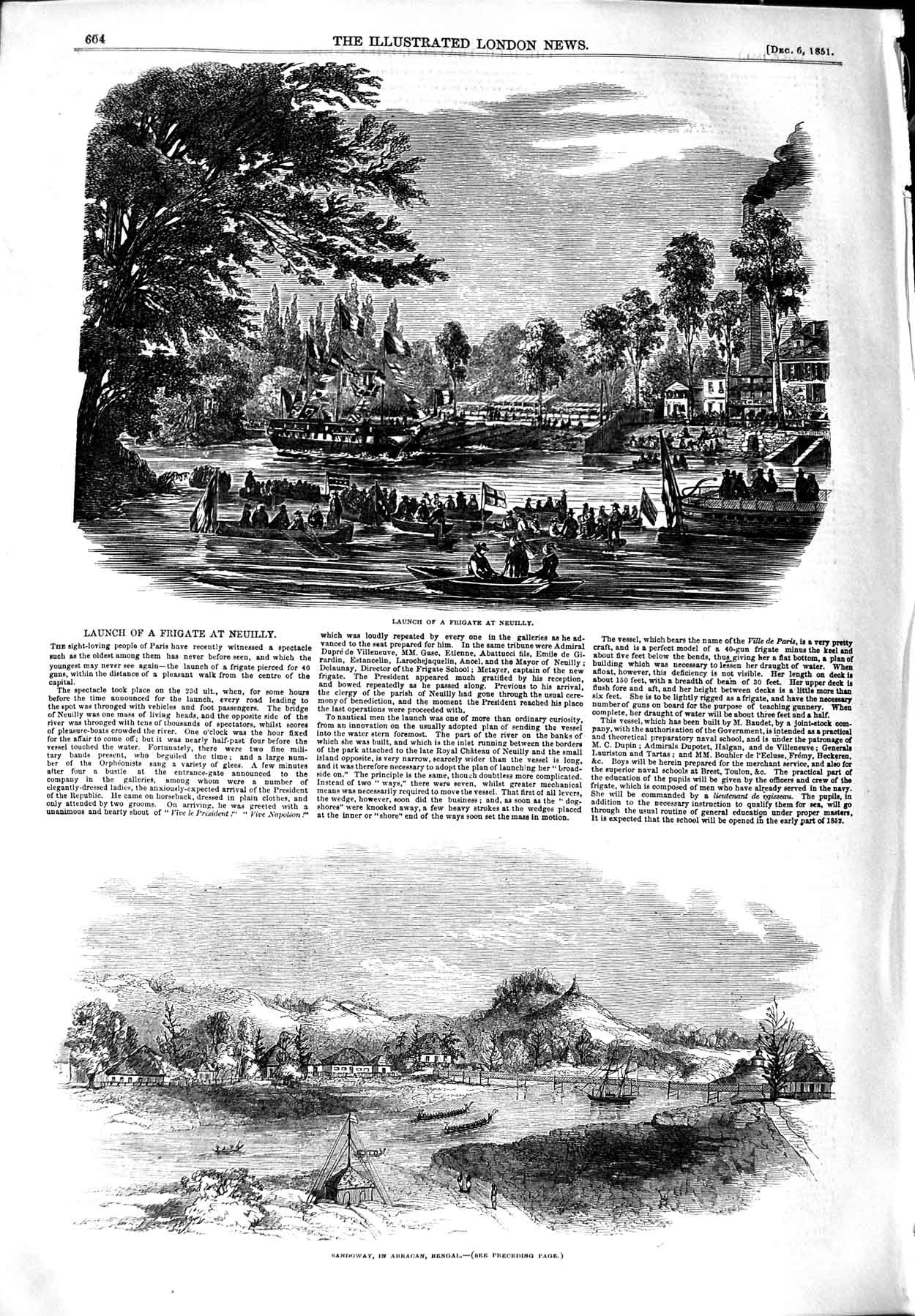 Original Old Antique Print 1851 Launch Frigate Neuilly Ship Sandoway Victorian