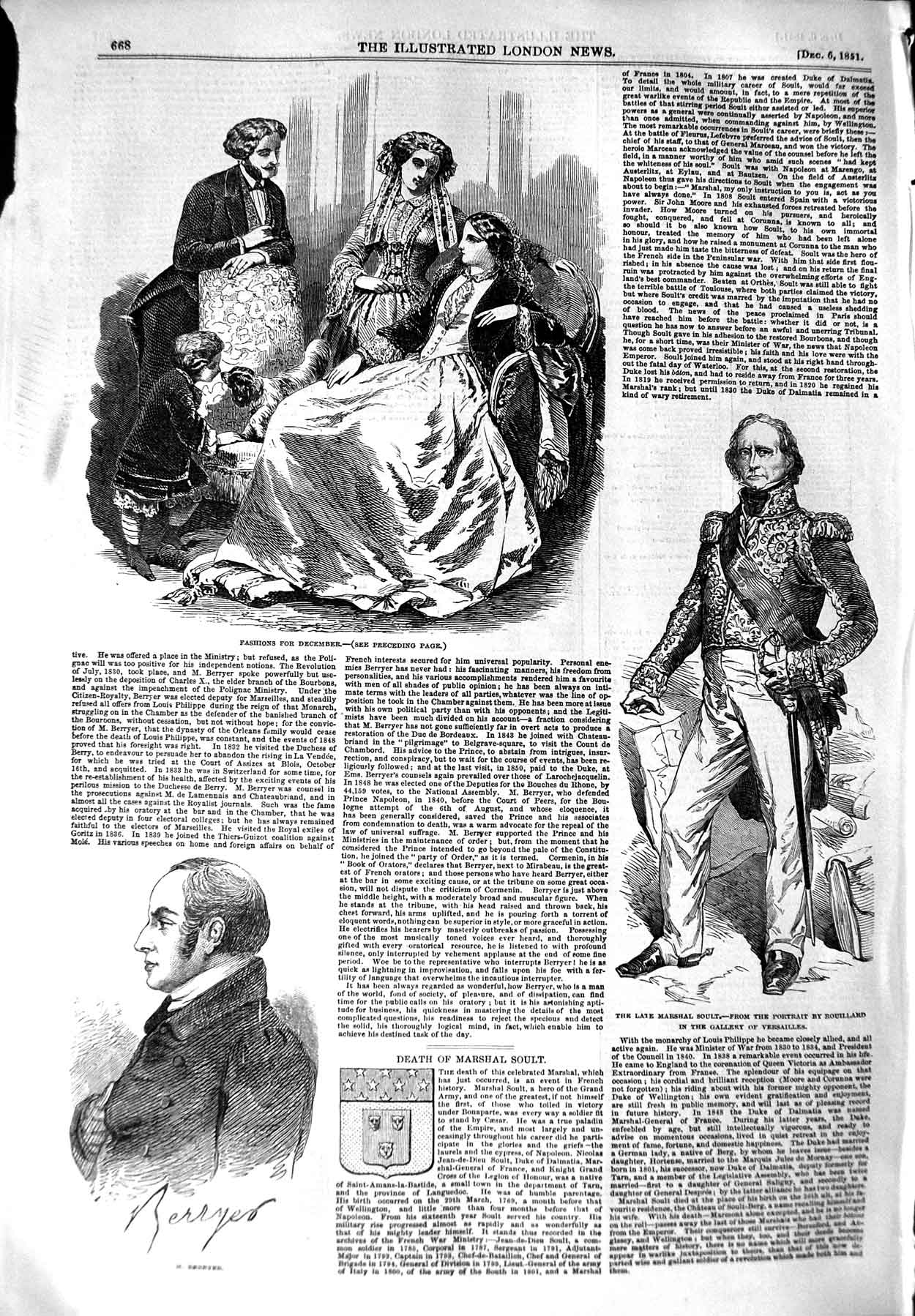 Old Antique Print 1851 Fashion Portrait Berryer Marshal Soult Rouillard 19th