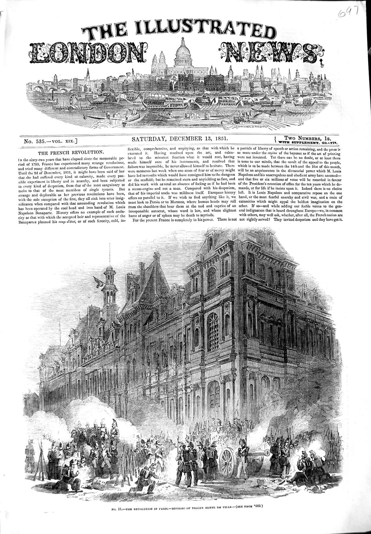 Old Antique Print 1851 Revolution Paris Bivouac Troops Hotel De Ville War 19th