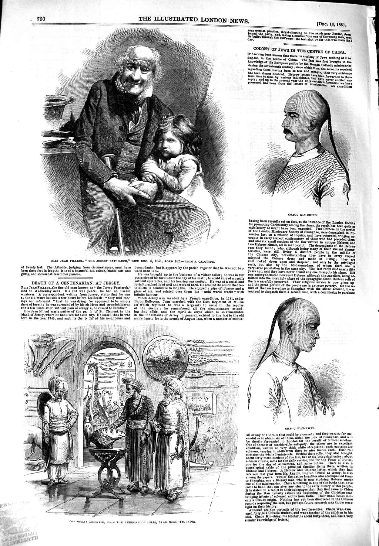 Old Antique Print 1851 Jean Filleul Jersey Patriarch Aerolite Kurrukpoor 19th