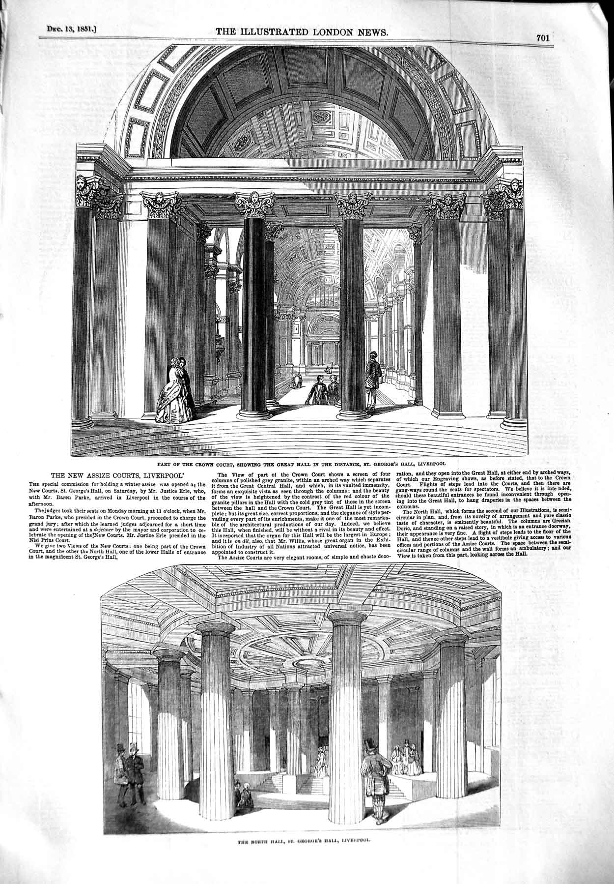 Original Old Antique Print 1851 Assize Crown Court St. George'S Hall Liverpool