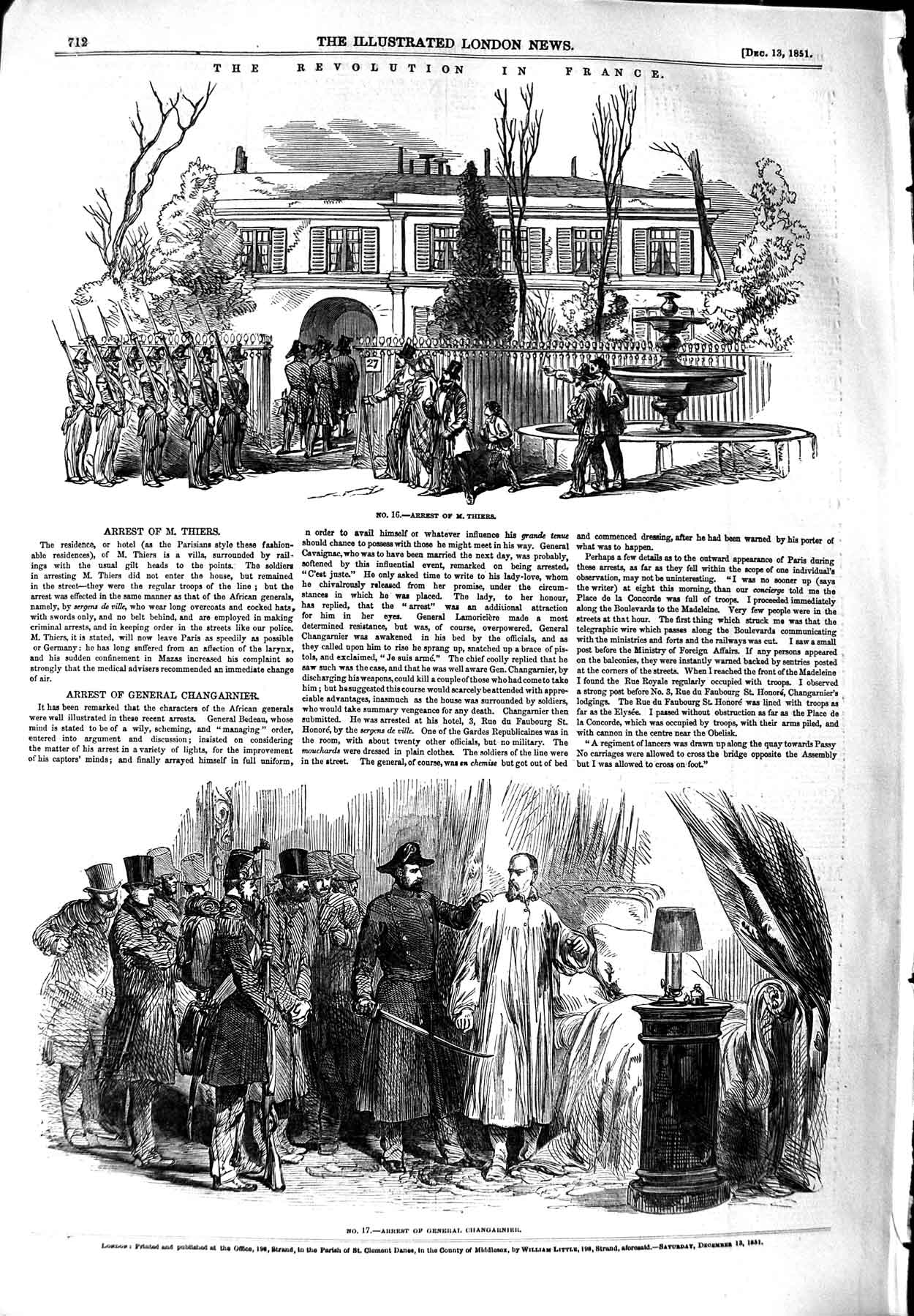 Original Old Antique Print 1851 Revolution France Arrest Thiers Changarnier