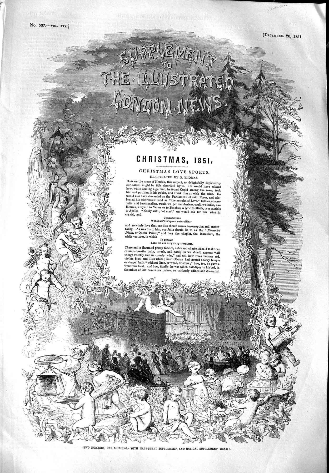 Original Old Antique Print 1851 Christmas Love Sports Music Children Scene 19th