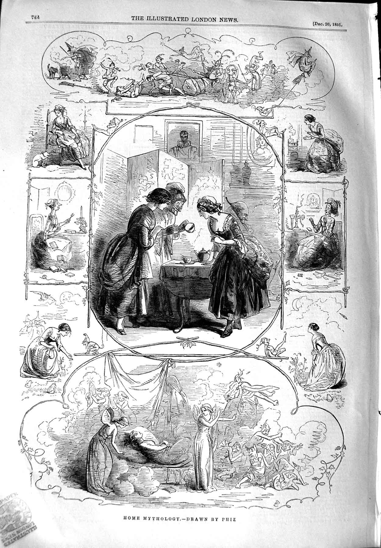 Original Old Antique Print 1851 Phiz Drawing Home Mythology 19th