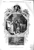 Original Old Antique Print 1851 Foster Drawing Christmas Hearth Men Fighting