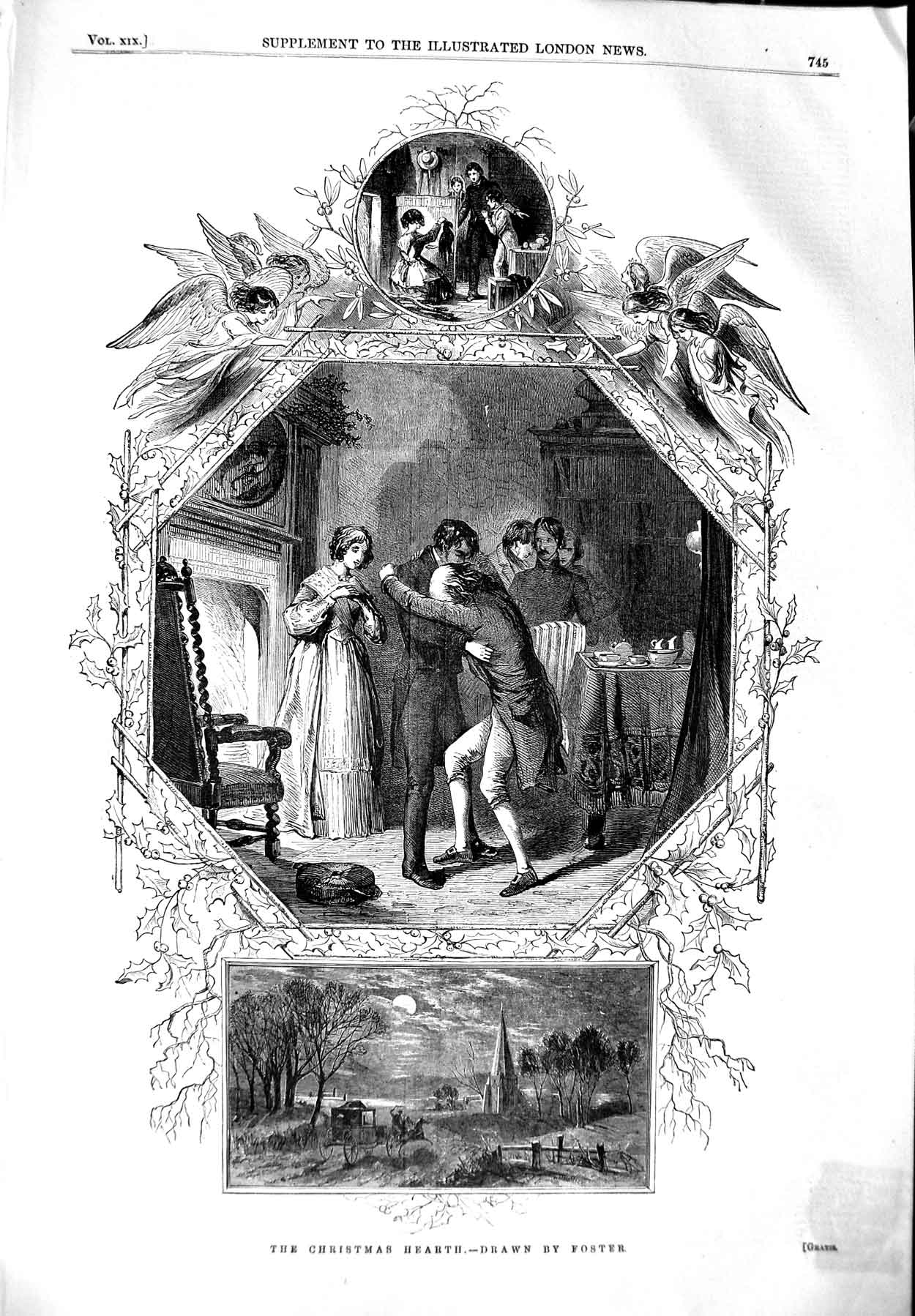 Original Old Antique Print 1851 Foster Drawing Christmas Hearth Men Fighting