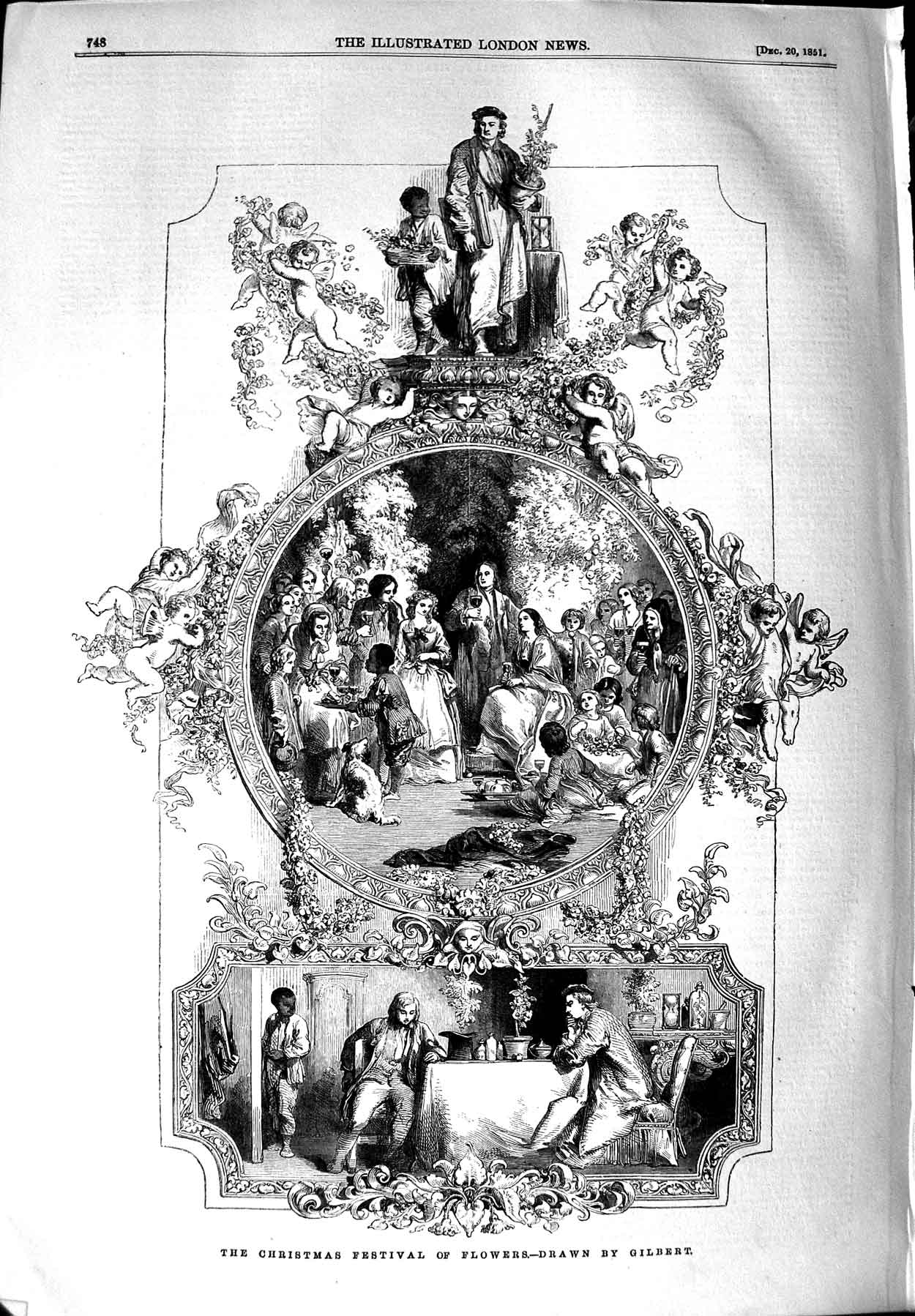 Original Old Antique Print 1851 Drawing Gilbert Christmas Festival Flowers 19th