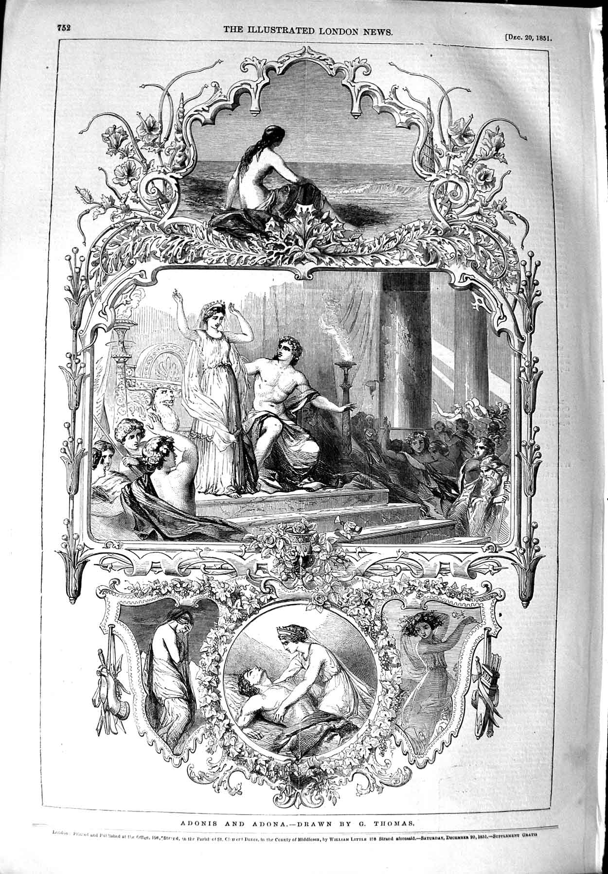 Original Old Antique Print 1851 Drawing Thomas Adonis Adona Romance Victorian