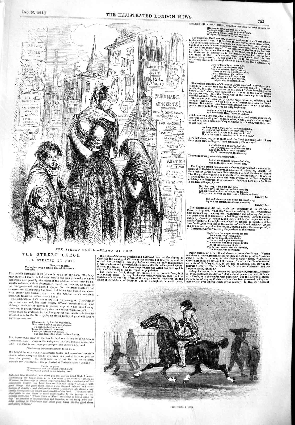 Original Old Antique Print 1851 Street Carol Singers Christmas Boy Horse Food